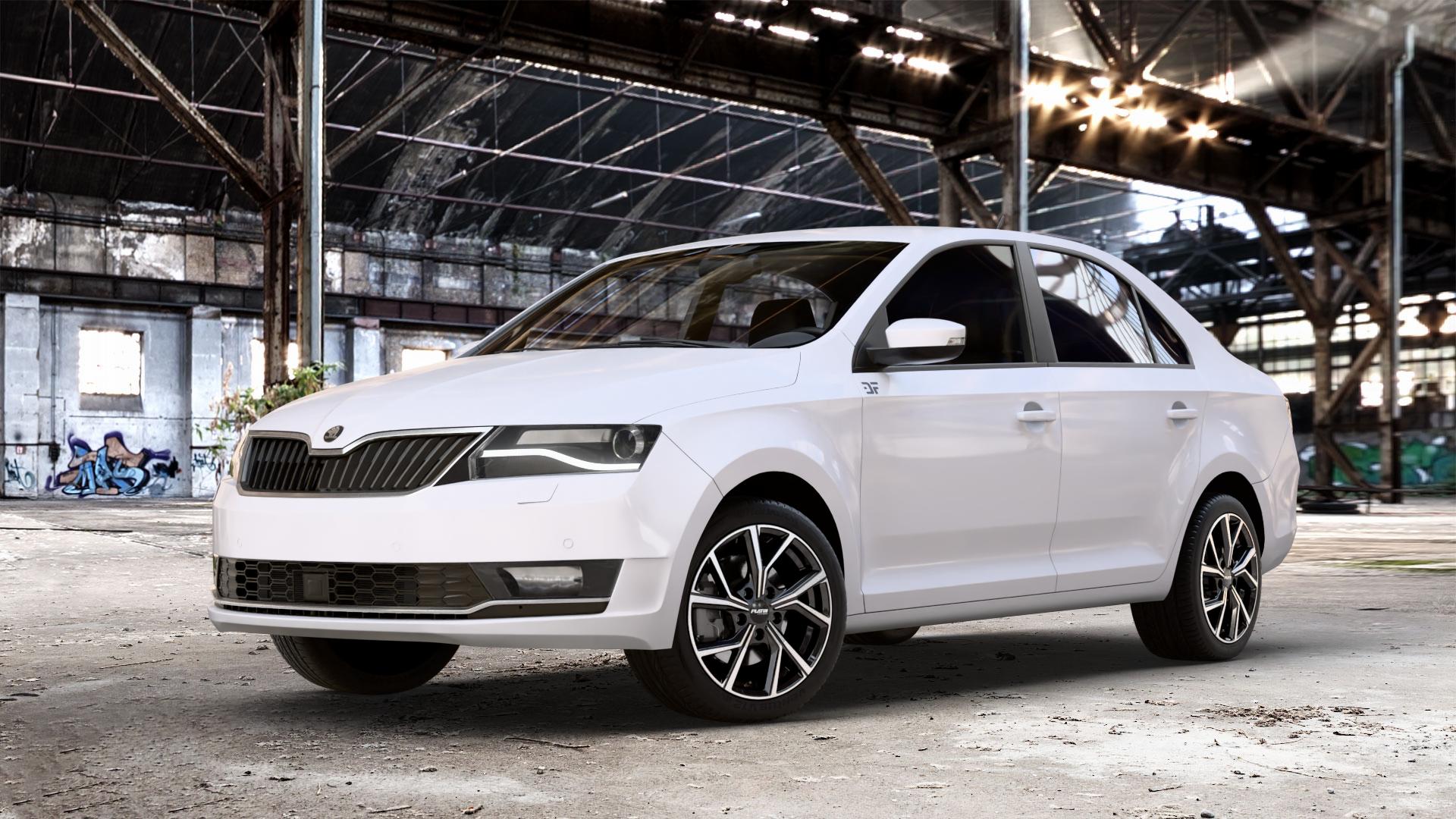 Platin Wheels P 115 black polished Felge mit Reifen silber schwarz in 16Zoll Alufelge auf weissem Skoda Rapid Typ NH Facelift ⬇️ mit 15mm Tieferlegung ⬇️ Old Industrial Hall_max_4400mm_2024 Frontansicht_1