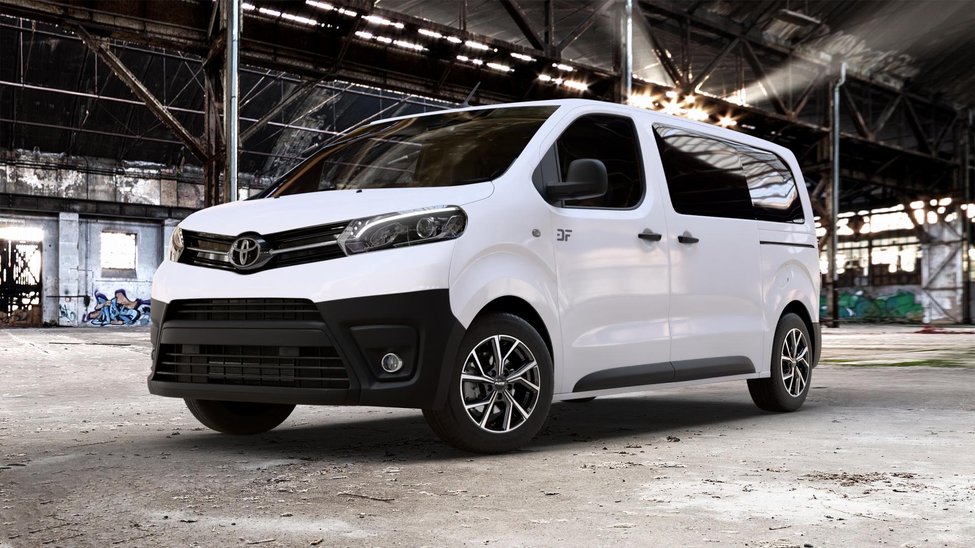 Platin Wheels P 115 black polished Felge mit Reifen silber schwarz in 16Zoll Alufelge auf weissem Toyota Proace II Verso Typ V ⬇️ mit 15mm Tieferlegung ⬇️ Old Industrial Hall_max_5300mm_2024 Frontansicht_1