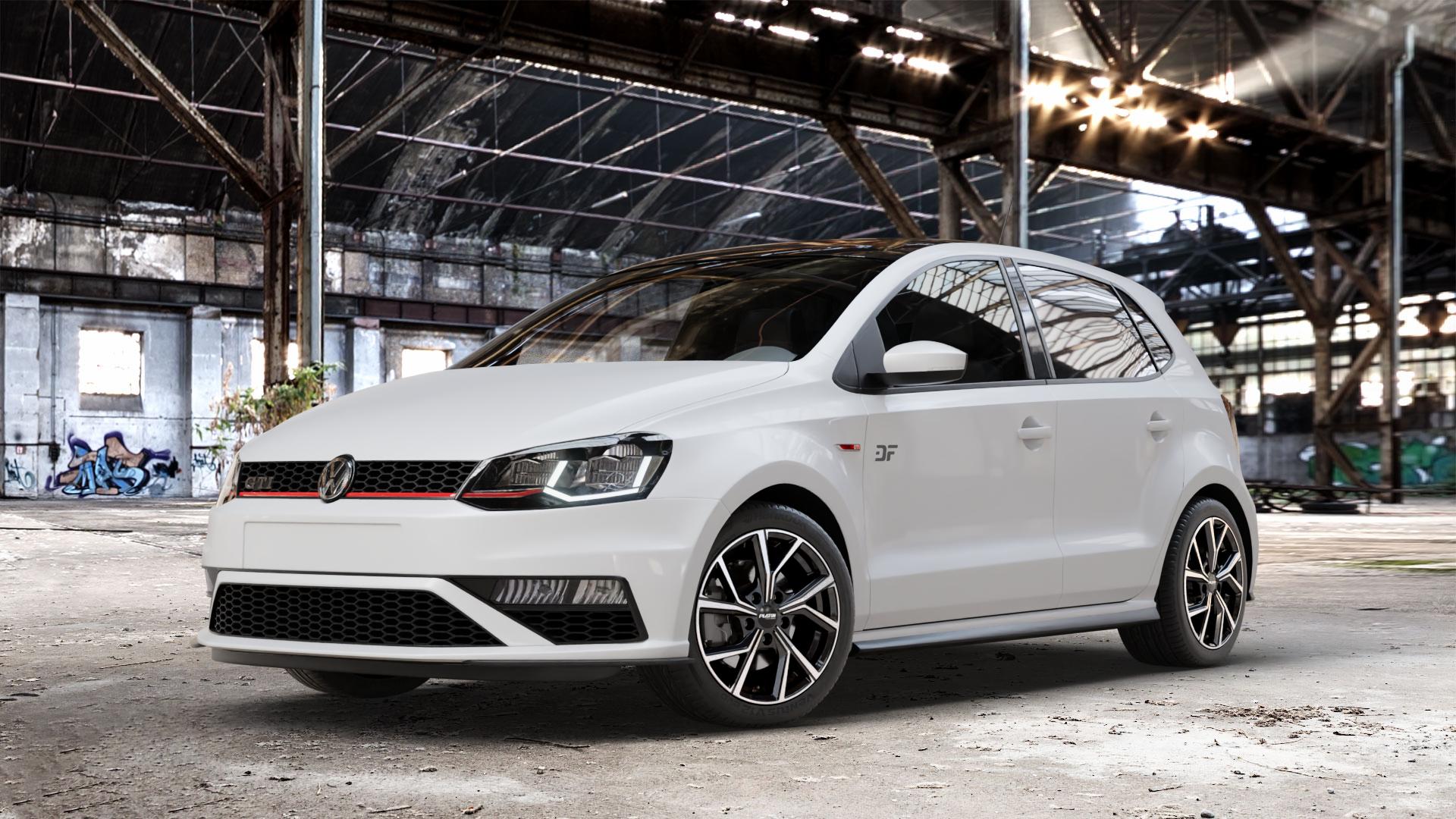 Platin Wheels P 115 black polished Felge mit Reifen silber schwarz in 16Zoll Alufelge auf weissem Volkswagen (VW) Polo V Typ 6C 1,8l GTI 141kW (192 PS) ⬇️ mit 15mm Tieferlegung ⬇️ Old Industrial Hall_max_4400mm_2024 Frontansicht_1