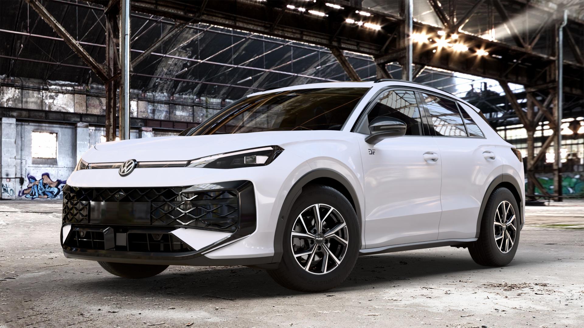 Platin Wheels P 115 black polished Felge mit Reifen silber schwarz in 16Zoll Alufelge auf weissem Volkswagen (VW) T-Roc Typ A2 ⬇️ mit 15mm Tieferlegung ⬇️ Old Industrial Hall_max_4400mm_2024 Frontansicht_1