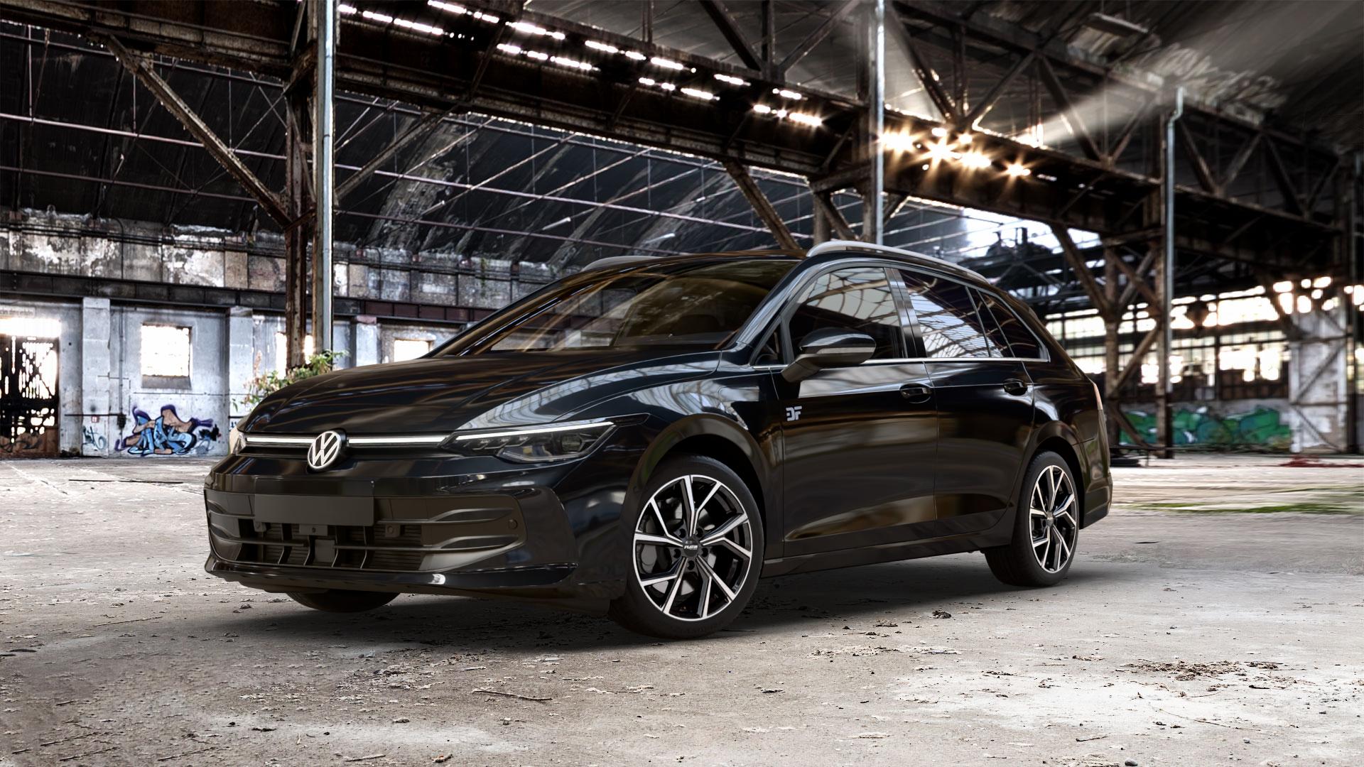 Platin Wheels P 115 black polished Felge mit Reifen silber schwarz in 17Zoll Alufelge auf schwarzem Volkswagen (VW) Golf 8 Variant Facelift ⬇️ mit 15mm Tieferlegung ⬇️ Old Industrial Hall_max_5300mm_2024 Frontansicht_1