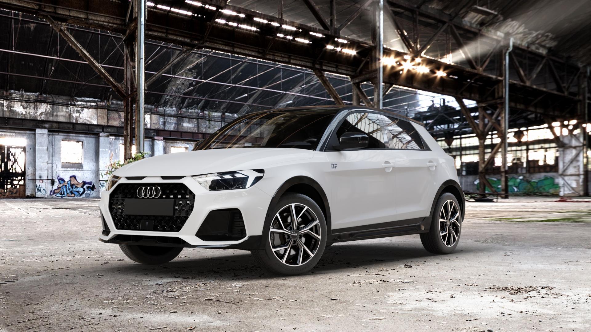 Platin Wheels P 115 black polished Felge mit Reifen silber schwarz in 17Zoll Alufelge auf weissem Audi A1 Typ GB (City Carver) ⬇️ mit 15mm Tieferlegung ⬇️ Old Industrial Hall_max_5300mm_2024 Frontansicht_1