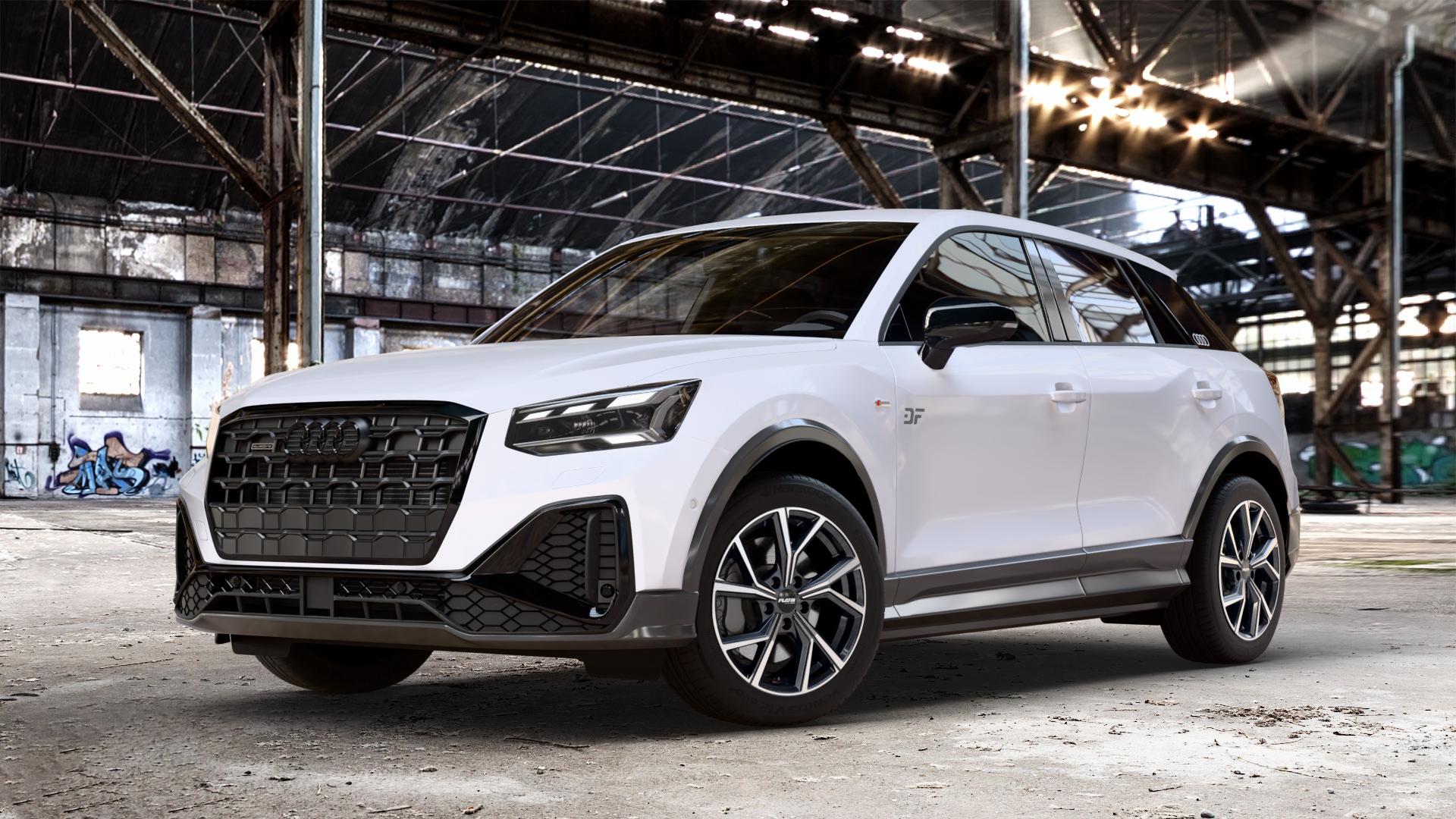 Platin Wheels P 115 black polished Felge mit Reifen silber schwarz in 17Zoll Alufelge auf weißem Audi Q2 Typ GA Facelift ⬇️ mit 15mm Tieferlegung ⬇️ Old Industrial Hall_max_4400mm_2024 Frontansicht_1