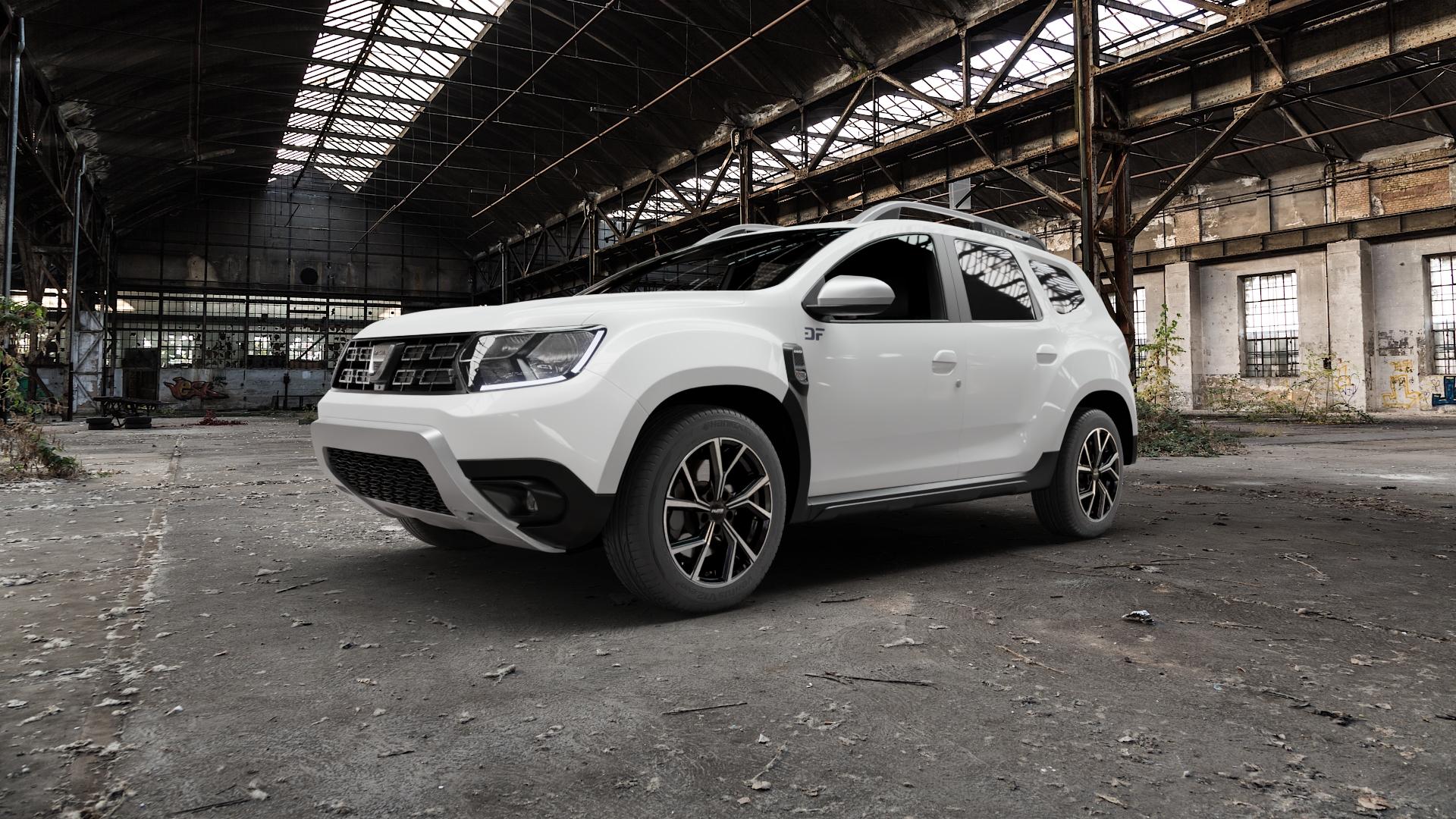 Platin Wheels P 115 black polished Felge mit Reifen silber schwarz in 17Zoll Alufelge auf weissem Dacia Duster Typ SR ⬇️ mit 15mm Tieferlegung ⬇️ Old Industrial Hall_max5000mm_2022 Frontansicht_1