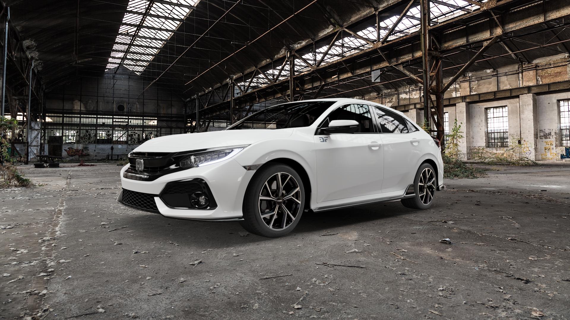 Platin Wheels P 115 black polished Felge mit Reifen silber schwarz in 17Zoll Alufelge auf weissem Honda Civic 10 Schrägheck (FC) 1,0l VTEC 95kW (129 PS) 1,5l 134kW (182 1,6l i-DTEC 88kW (120 93kW (126 ⬇️ mit 15mm Tieferlegung ⬇️ Old Industrial Hall_max5000mm_2022 Frontansicht_1