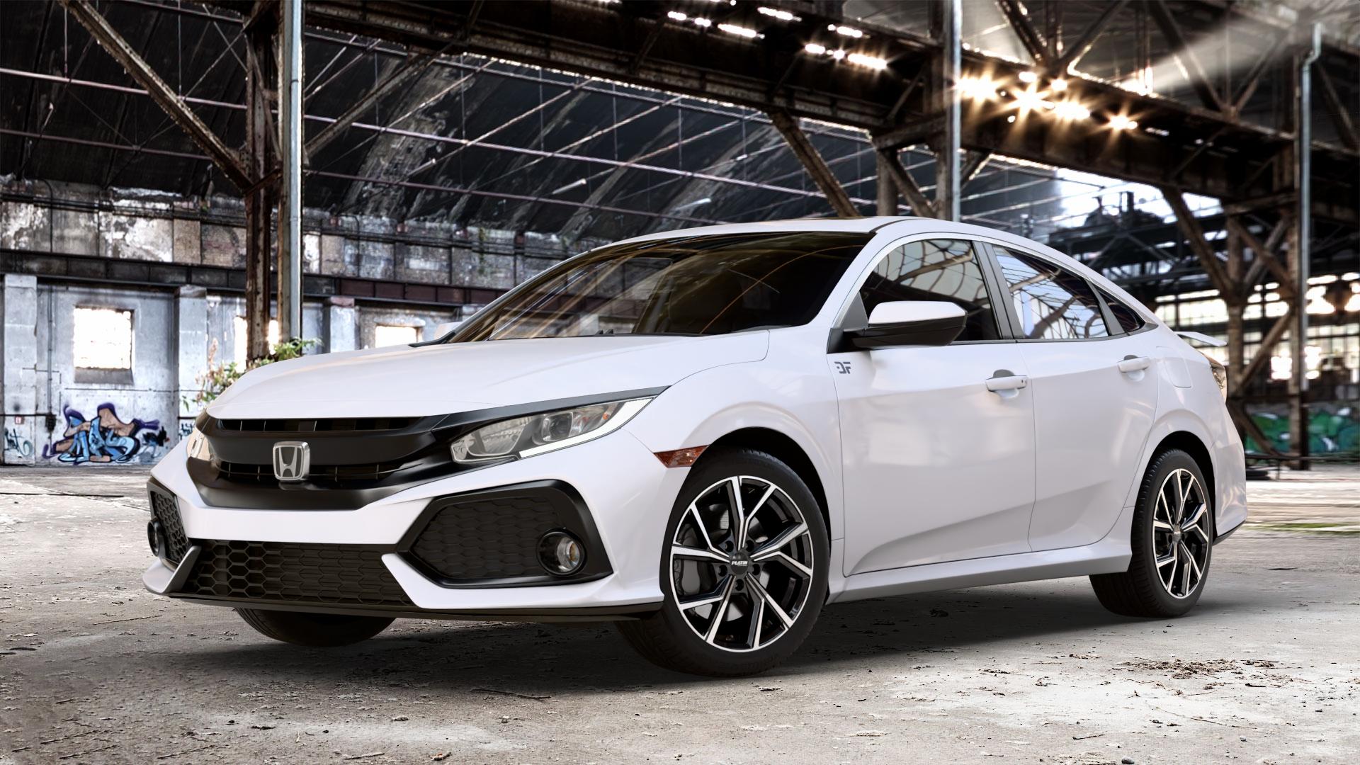 Platin Wheels P 115 black polished Felge mit Reifen silber schwarz in 17Zoll Alufelge auf weissem Honda Civic 10 Stufenheck (FC) ⬇️ mit 15mm Tieferlegung ⬇️ Old Industrial Hall_max_4400mm_2024 Frontansicht_1