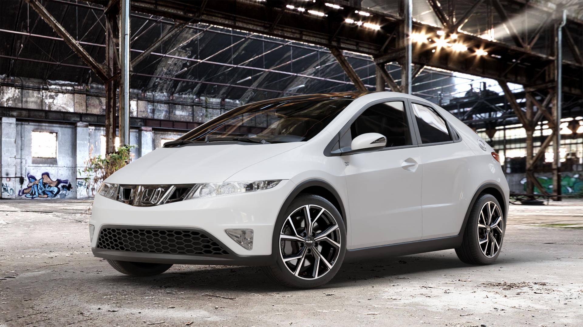 Platin Wheels P 115 black polished Felge mit Reifen silber schwarz in 17Zoll Alufelge auf weissem Honda Civic 8 Fünftürer (FK) 1,4l V-Tec (FK1) 73kW (99 PS) ⬇️ mit 15mm Tieferlegung ⬇️ Old Industrial Hall_max_4400mm_2024 Frontansicht_1