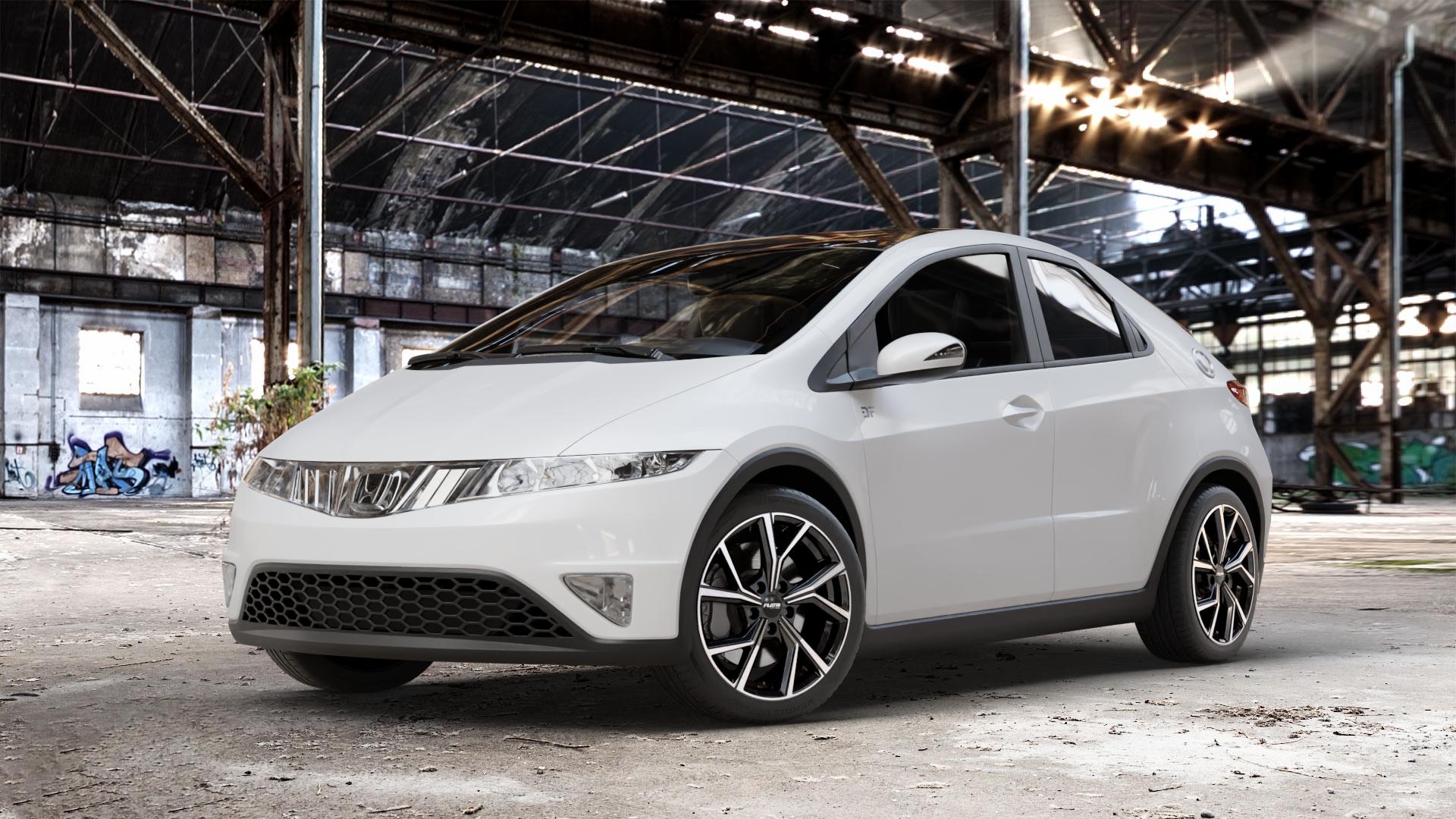 Platin Wheels P 115 black polished Felge mit Reifen silber schwarz in 17Zoll Alufelge auf weissem Honda Civic 8 Fünftürer (FK) ⬇️ mit 15mm Tieferlegung ⬇️ Old Industrial Hall_max_4400mm_2024 Frontansicht_1