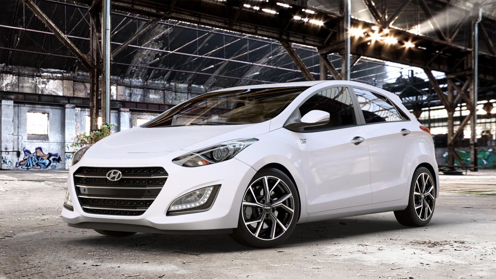 Platin Wheels P 115 black polished Felge mit Reifen silber schwarz in 17Zoll Alufelge auf weissem Hyundai i30 Typ GDH Facelift ⬇️ mit 15mm Tieferlegung ⬇️ Old Industrial Hall_max_4400mm_2024 Frontansicht_1
