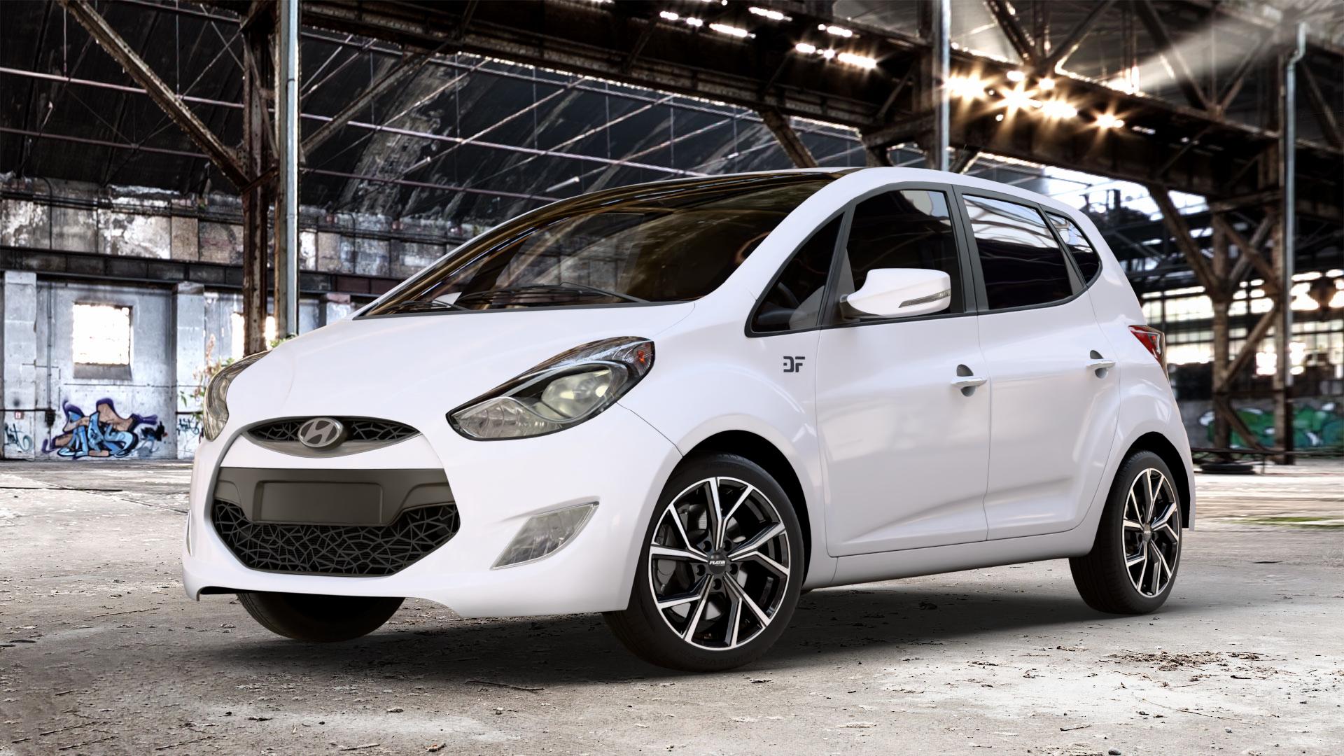 Platin Wheels P 115 black polished Felge mit Reifen silber schwarz in 17Zoll Alufelge auf weissem Hyundai ix20 Typ JC ⬇️ mit 15mm Tieferlegung ⬇️ Old Industrial Hall_max_4400mm_2024 Frontansicht_1