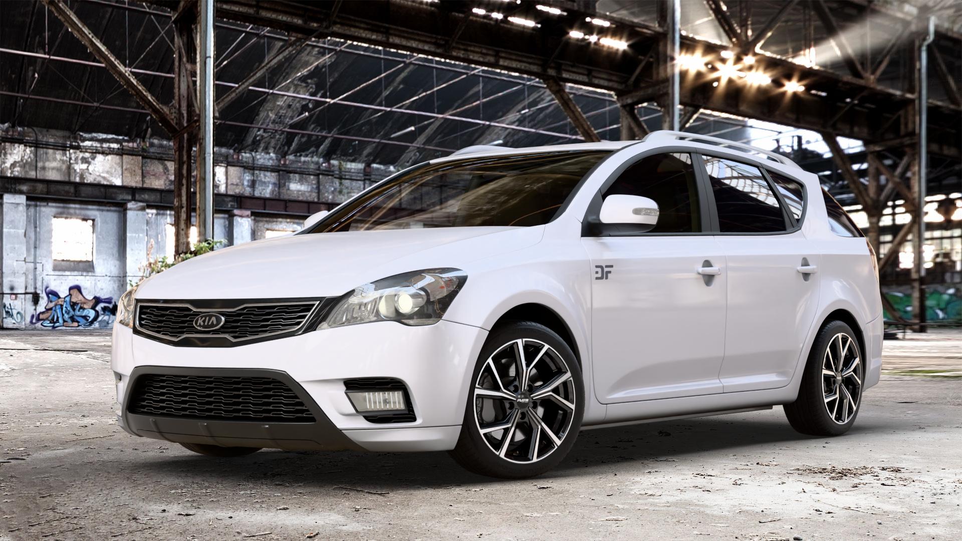 Platin Wheels P 115 black polished Felge mit Reifen silber schwarz in 17Zoll Alufelge auf weissem Kia Cee d Kombi Typ ED Facelift ⬇️ mit 15mm Tieferlegung ⬇️ Old Industrial Hall_max_4400mm_2024 Frontansicht_1