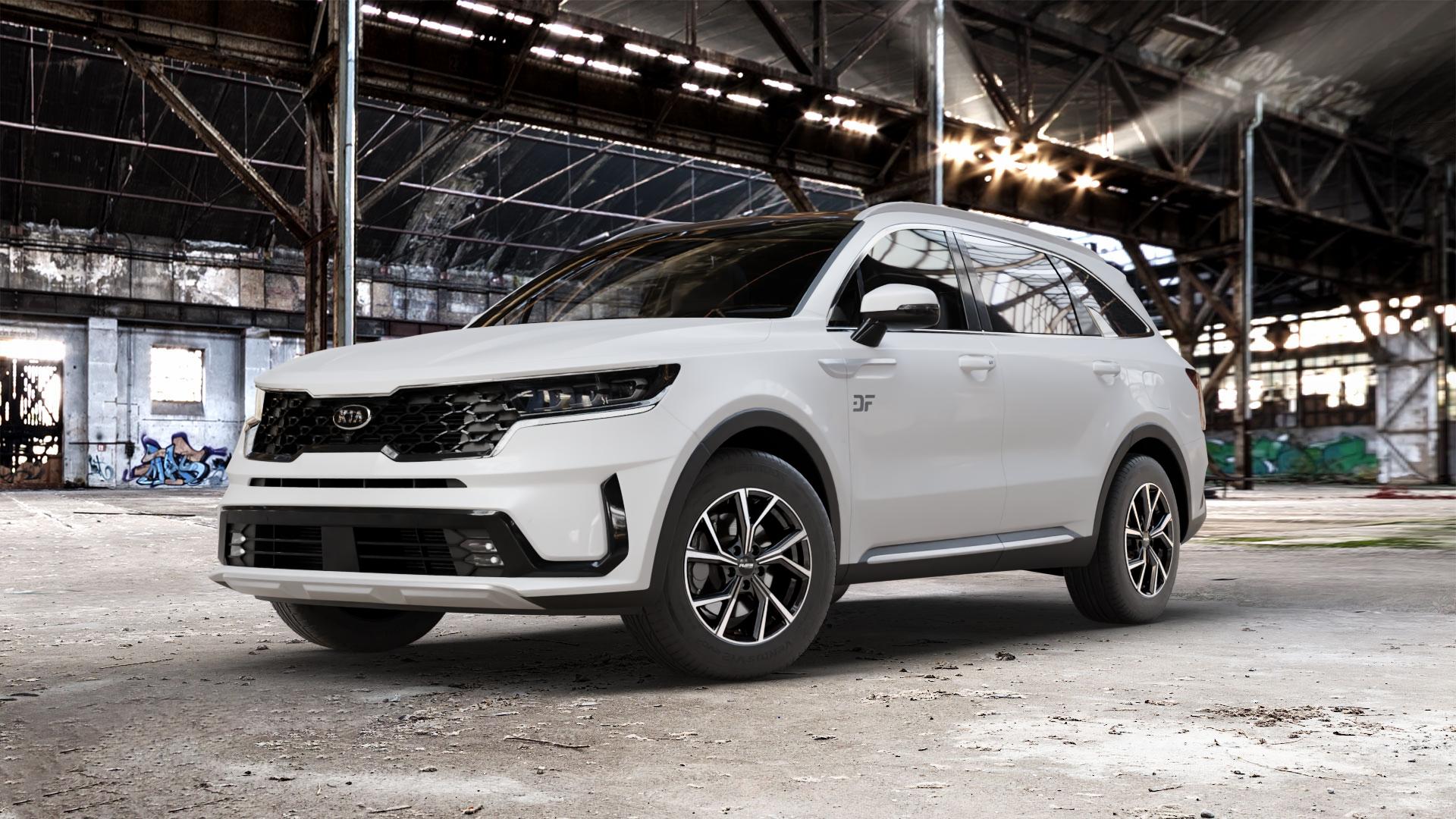 Platin Wheels P 115 black polished Felge mit Reifen silber schwarz in 17Zoll Alufelge auf weissem Kia Sorento IV Typ MQ4 ⬇️ mit 15mm Tieferlegung ⬇️ Old Industrial Hall_max_5300mm_2024 Frontansicht_1