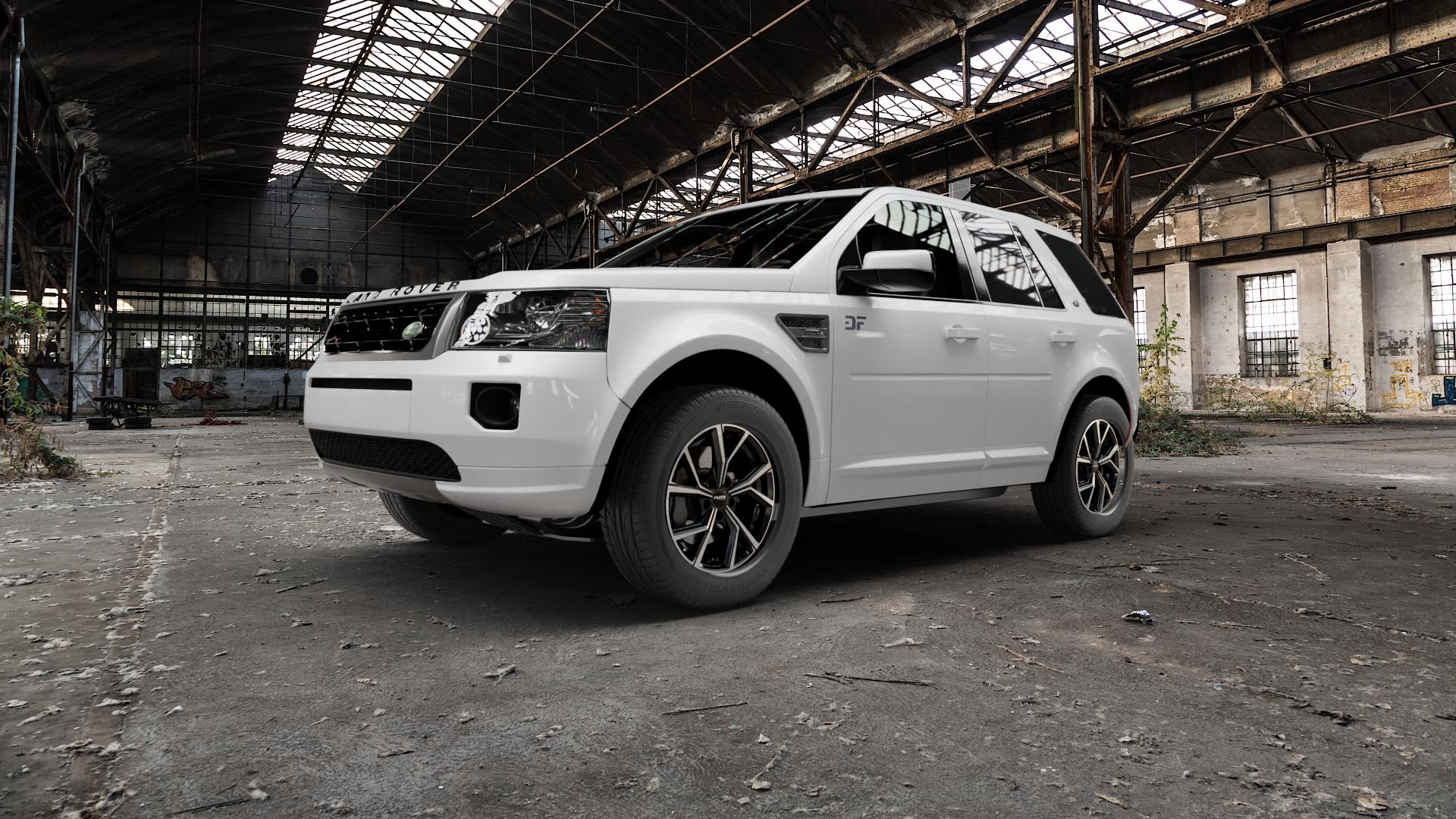 Platin Wheels P 115 black polished Felge mit Reifen silber schwarz in 17Zoll Alufelge auf weissem Land Rover Freelander II Typ LF ⬇️ mit 15mm Tieferlegung ⬇️ Old Industrial Hall_max5000mm_2022 Frontansicht_1