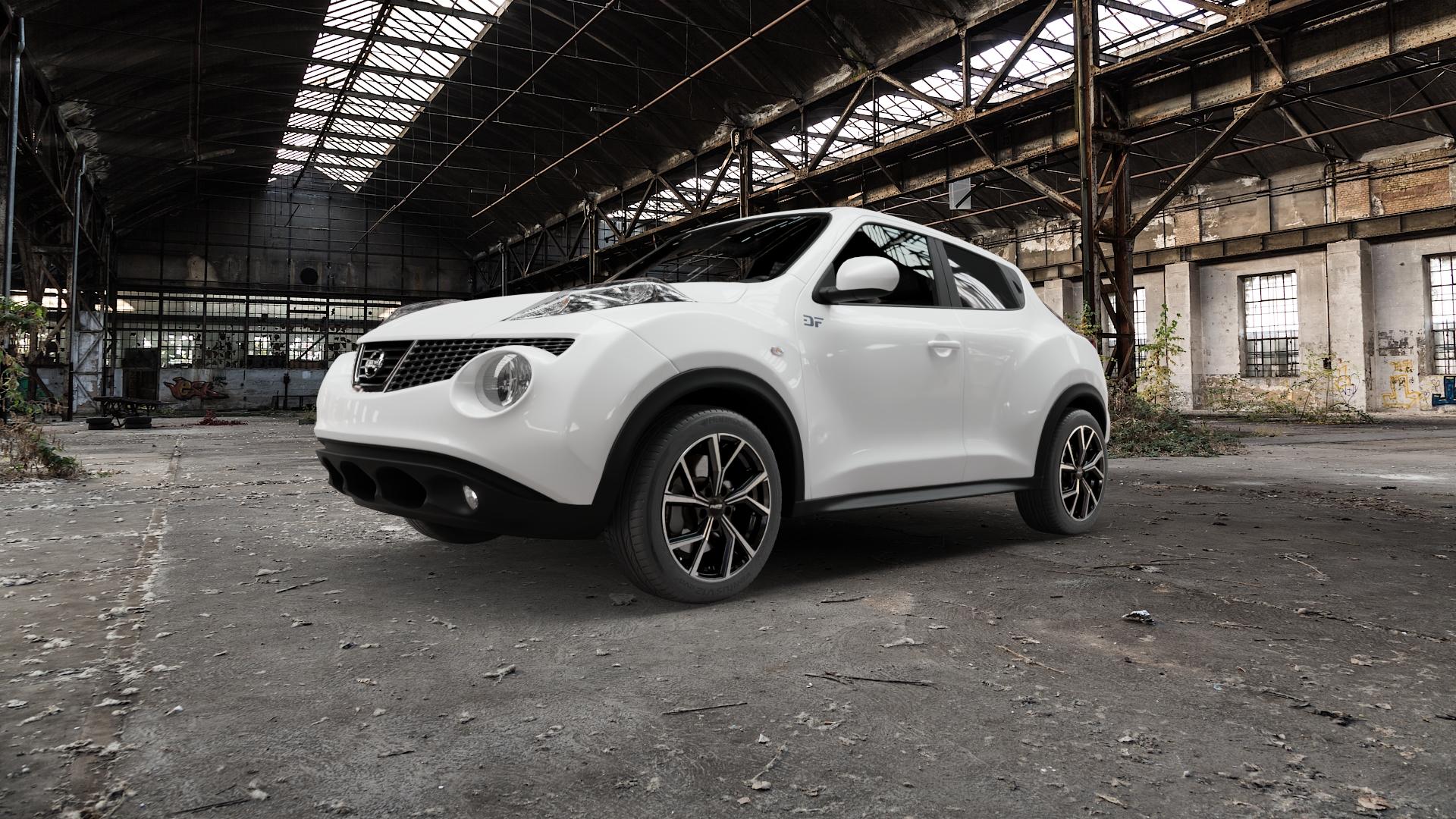 Platin Wheels P 115 black polished Felge mit Reifen silber schwarz in 17Zoll Alufelge auf weissem Nissan Juke Typ F15 1,6l DIG-T 140kW (190 PS) 4WD 1,5l dCi 81kW (110 69kW (94 147kW Nismo (200 ⬇️ mit 15mm Tieferlegung ⬇️ Old Industrial Hall_max5000mm_2022 Frontansicht_1