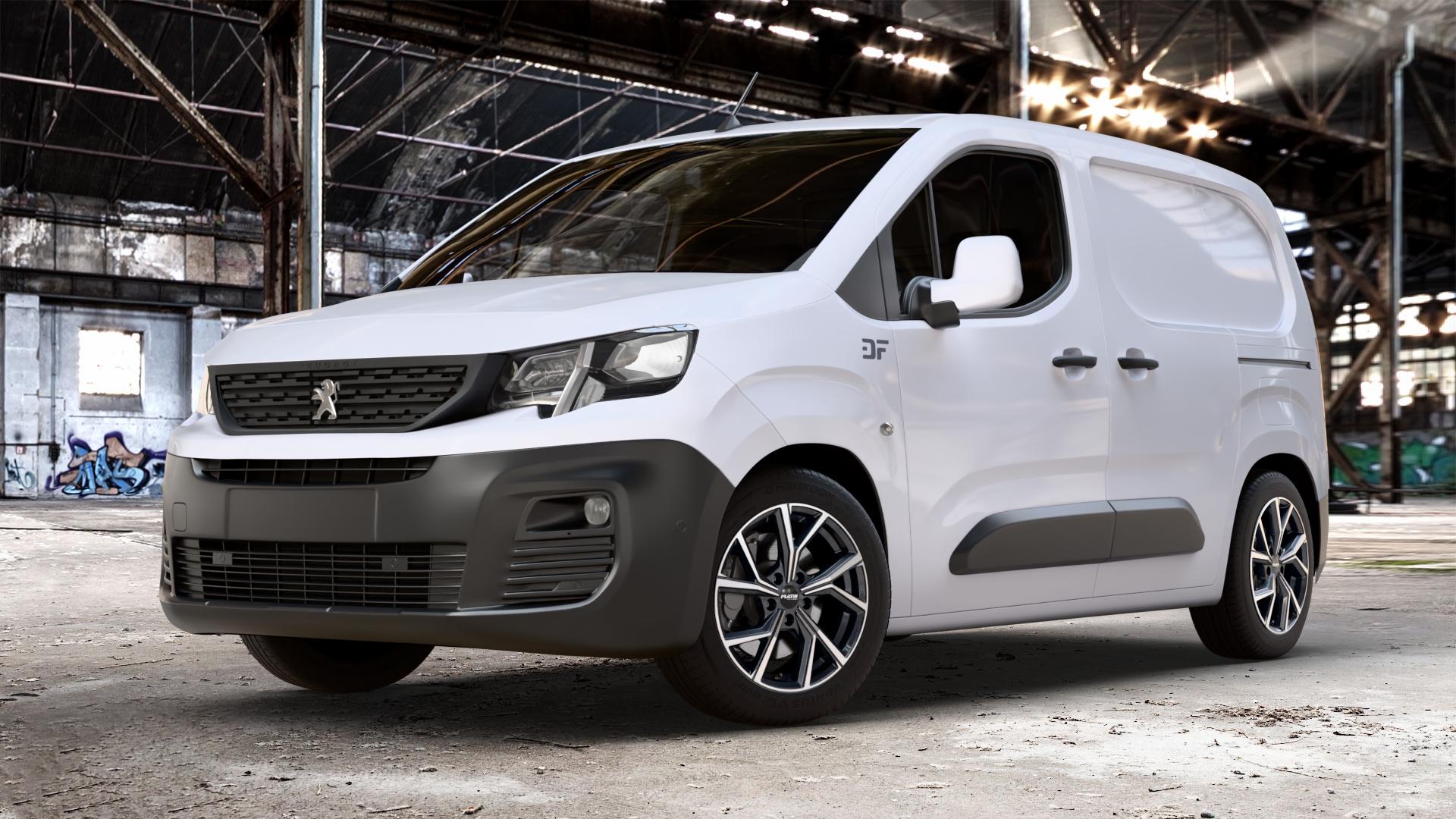 Platin Wheels P 115 black polished Felge mit Reifen silber schwarz in 17Zoll Alufelge auf weissem Peugeot Partner III Typ E 1,5l HDi 96kW (131 PS) 75kW (102 1,2l PureTech 81kW (110 56kW (76 1,6l 55kW (75 73kW (99 0,0l e-Partner 57kW (77 ⬇️ mit 15mm Tieferlegung ⬇️ Old Industrial Hall_max_4400mm_2024 Frontansicht_1