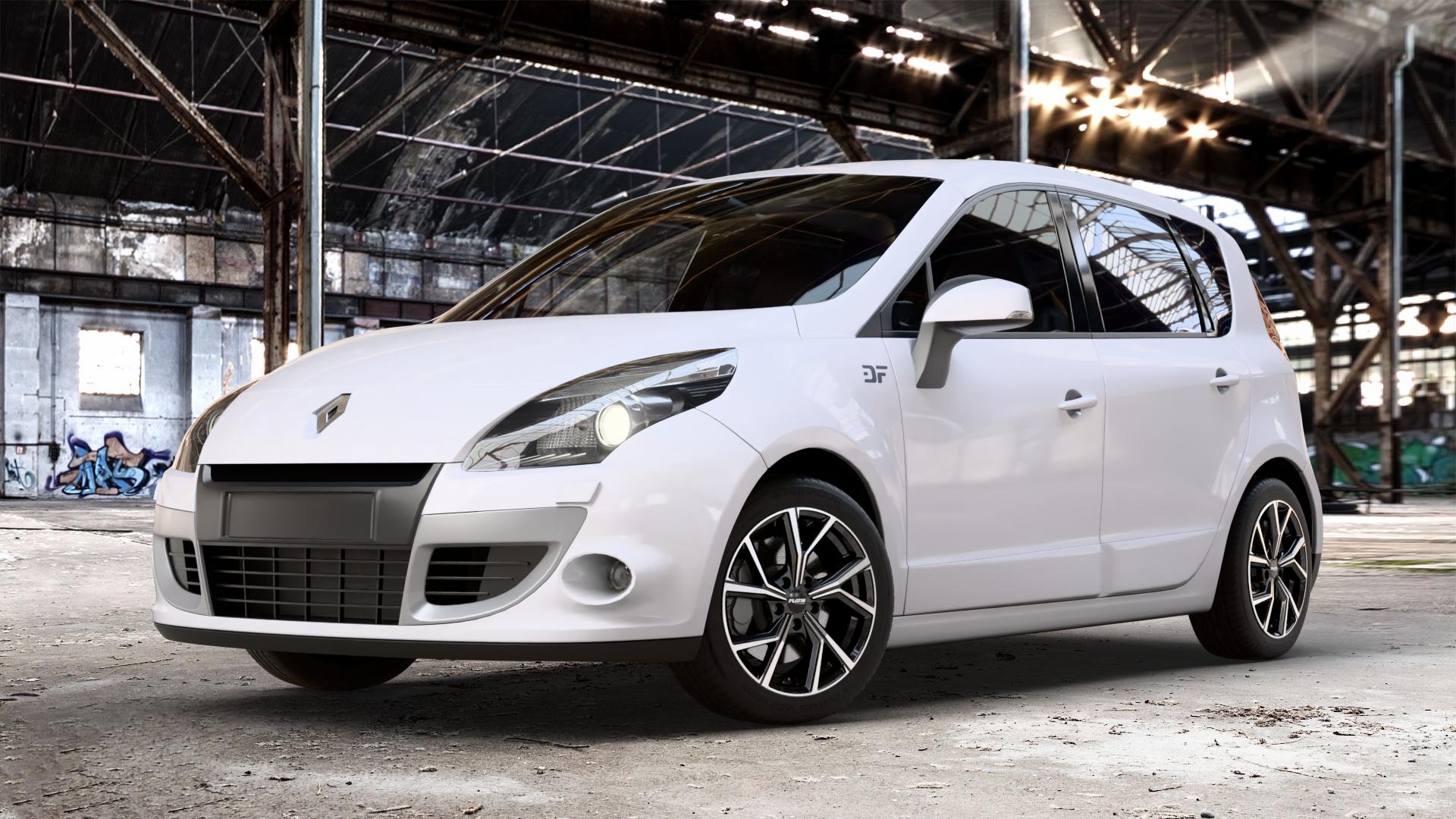 Platin Wheels P 115 black polished Felge mit Reifen silber schwarz in 17Zoll Alufelge auf weissem Renault Scénic III Typ JZ ⬇️ mit 15mm Tieferlegung ⬇️ Old Industrial Hall_max_4400mm_2024 Frontansicht_1