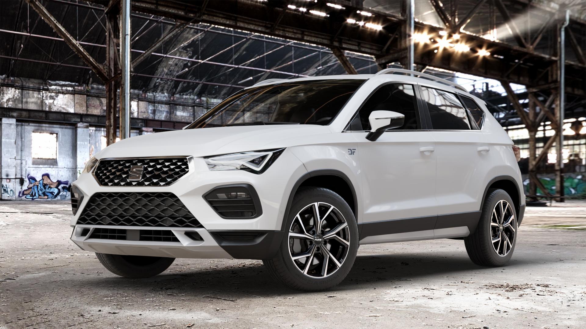 Platin Wheels P 115 black polished Felge mit Reifen silber schwarz in 17Zoll Alufelge auf weissem Seat Ateca Typ 5FP Facelift ⬇️ mit 15mm Tieferlegung ⬇️ Old Industrial Hall_max_4400mm_2024 Frontansicht_1