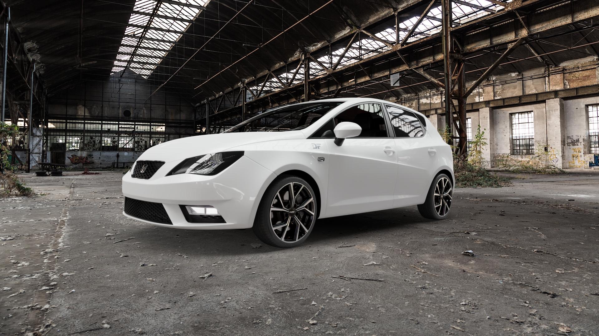 Platin Wheels P 115 black polished Felge mit Reifen silber schwarz in 17Zoll Alufelge auf weissem Seat Ibiza IV Typ 6J Facelift ⬇️ mit 15mm Tieferlegung ⬇️ Old Industrial Hall_max5000mm_2022 Frontansicht_1