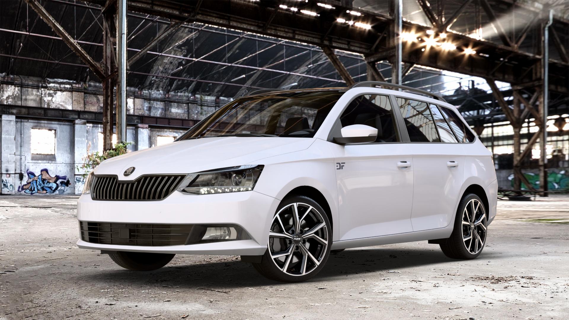 Platin Wheels P 115 black polished Felge mit Reifen silber schwarz in 17Zoll Alufelge auf weissem Skoda Fabia III Kombi Typ 5J Facelift ⬇️ mit 15mm Tieferlegung ⬇️ Old Industrial Hall_max_4400mm_2024 Frontansicht_1