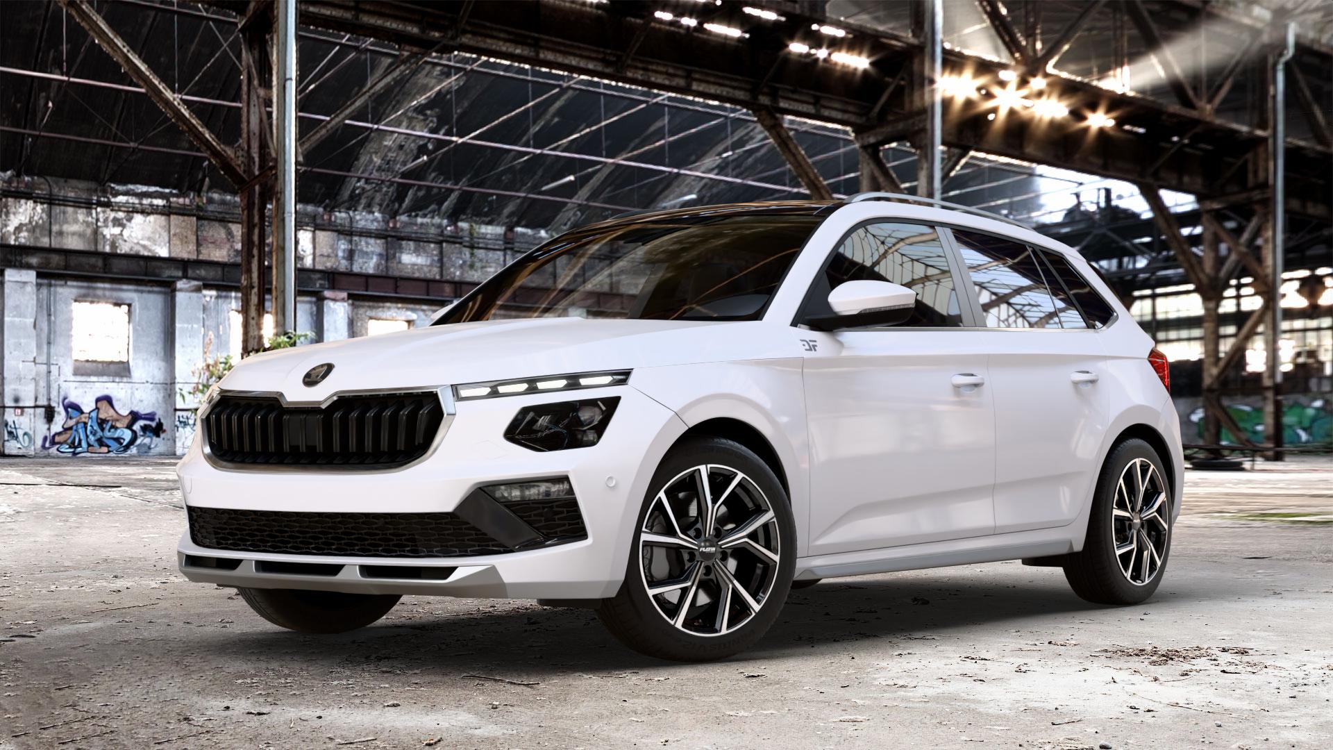 Platin Wheels P 115 black polished Felge mit Reifen silber schwarz in 17Zoll Alufelge auf weissem Skoda Kamiq Typ NW Facelift 1,0l TSI 70kW (95 PS) 85kW (116 1,5l 110kW (150 ⬇️ mit 15mm Tieferlegung ⬇️ Old Industrial Hall_max_4400mm_2024 Frontansicht_1