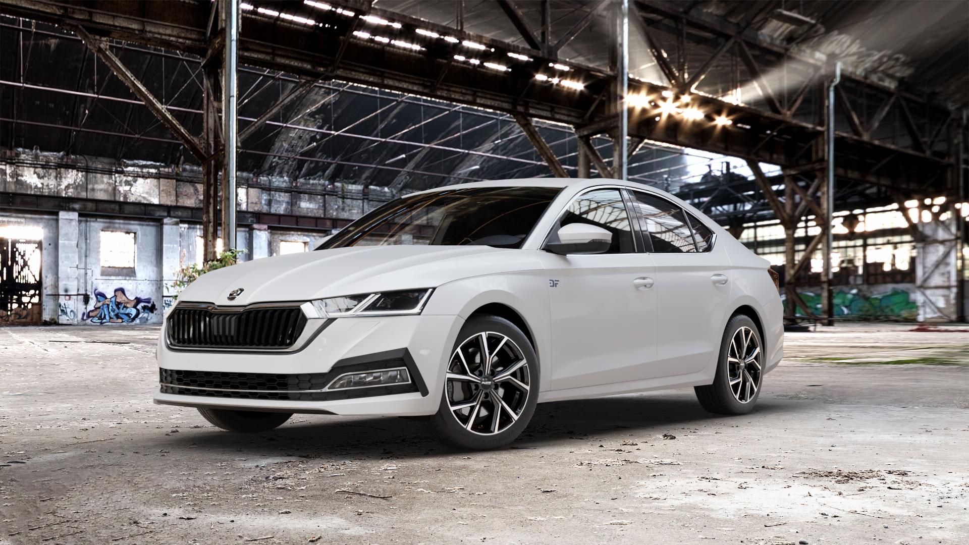 Platin Wheels P 115 black polished Felge mit Reifen silber schwarz in 17Zoll Alufelge auf weissem Skoda Octavia IV Limousine Typ NX 1,5l TSI 110kW (150 PS) 2,0l TDI 85kW (116 1,0l 81kW (110 Mild-Hybrid 1,4l Hybrid CNG 96kW (131 4x4 ⬇️ mit 15mm Tieferlegung ⬇️ Old Industrial Hall_max_5300mm_2024 Frontansicht_1