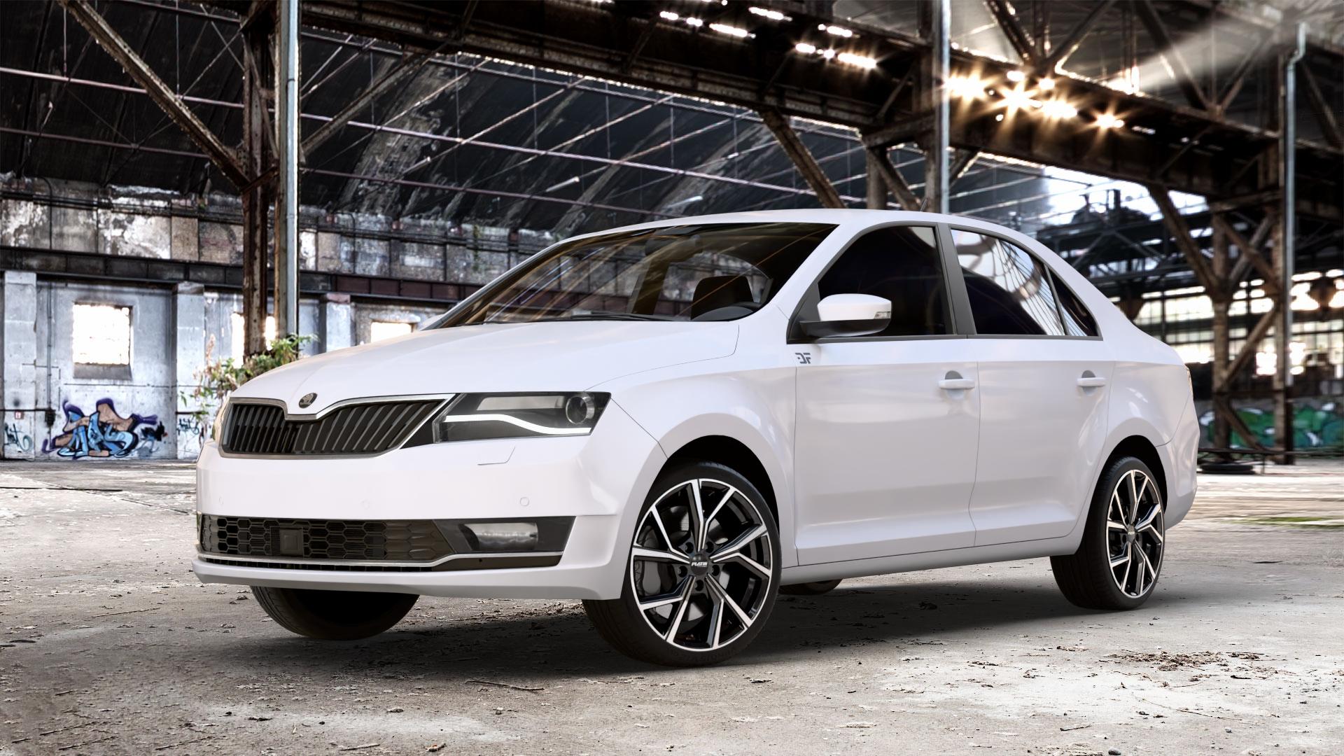 Platin Wheels P 115 black polished Felge mit Reifen silber schwarz in 17Zoll Alufelge auf weissem Skoda Rapid Typ NH Facelift ⬇️ mit 15mm Tieferlegung ⬇️ Old Industrial Hall_max_4400mm_2024 Frontansicht_1