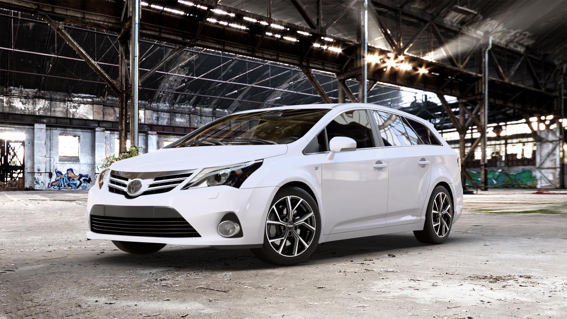 Platin Wheels P 115 black polished Felge mit Reifen silber schwarz in 17Zoll Alufelge auf weissem Toyota Avensis Combi Typ T27 Facelift 12-> ⬇️ mit 15mm Tieferlegung ⬇️ Old Industrial Hall_max_5300mm_2024 Frontansicht_1