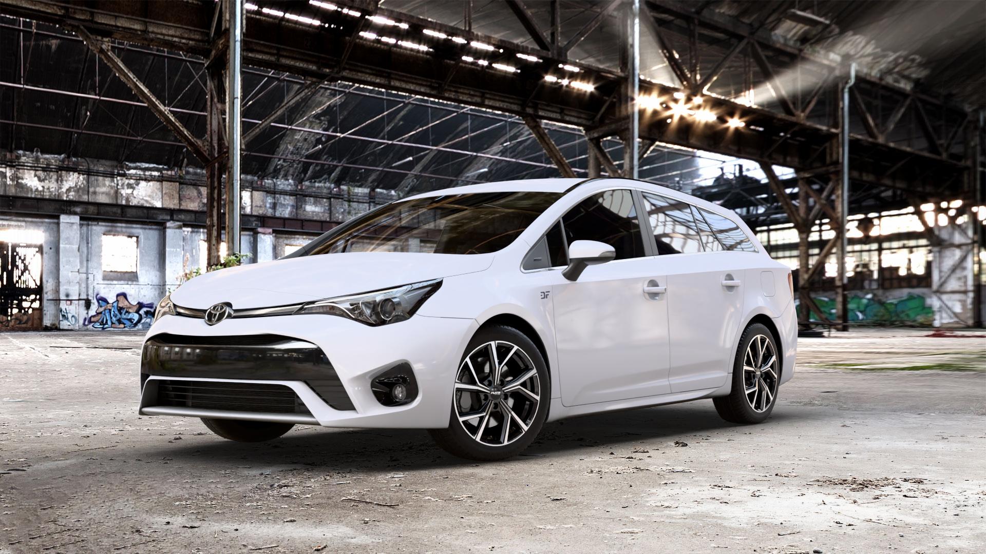 Platin Wheels P 115 black polished Felge mit Reifen silber schwarz in 17Zoll Alufelge auf weissem Toyota Avensis Combi Typ T27 Facelift 15-> ⬇️ mit 15mm Tieferlegung ⬇️ Old Industrial Hall_max_5300mm_2024 Frontansicht_1