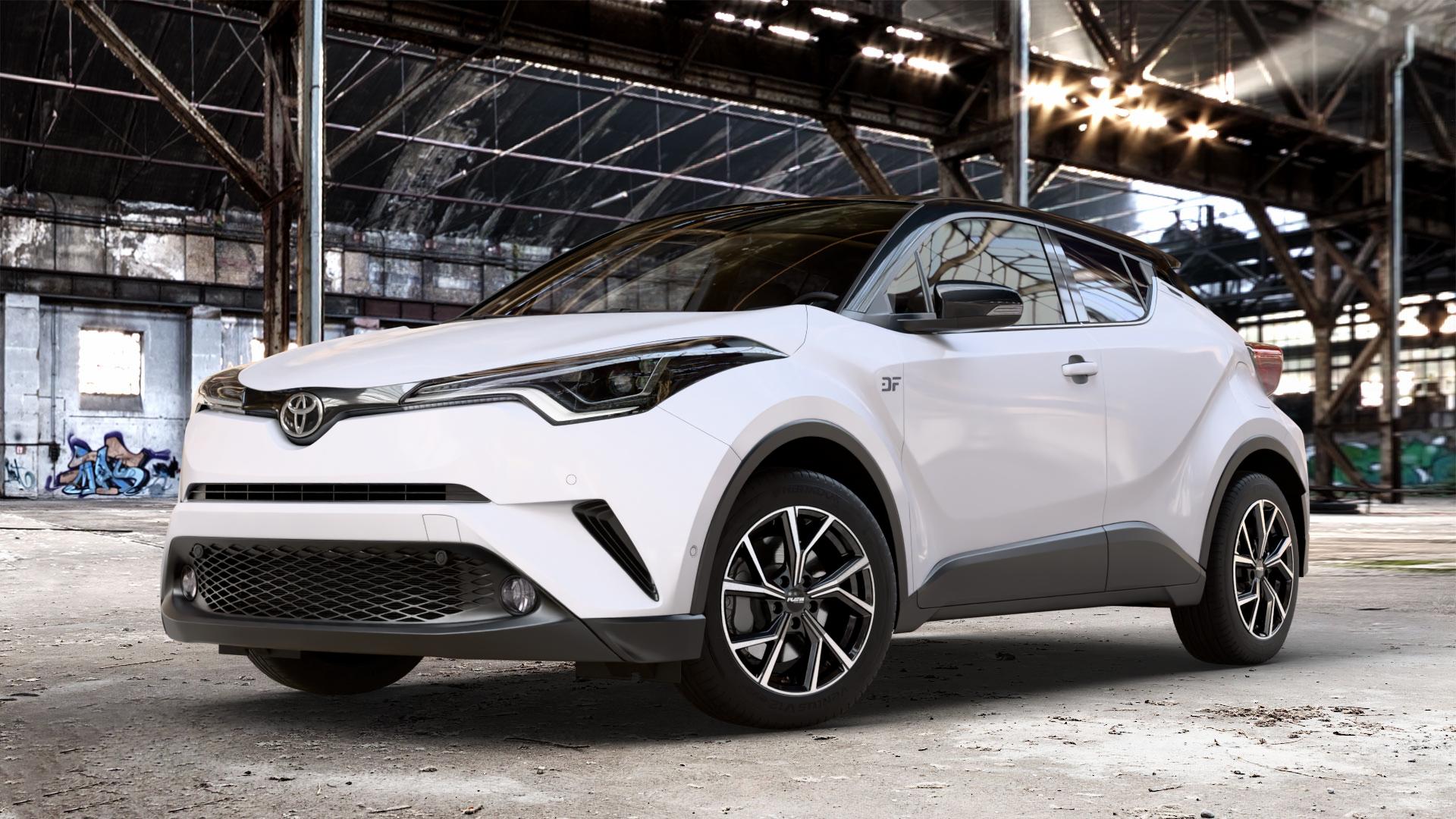 Platin Wheels P 115 black polished Felge mit Reifen silber schwarz in 17Zoll Alufelge auf weissem Toyota C-HR Typ AX1T(EU,M) AX1T(EU,M)-TMG ⬇️ mit 15mm Tieferlegung ⬇️ Old Industrial Hall_max_4400mm_2024 Frontansicht_1