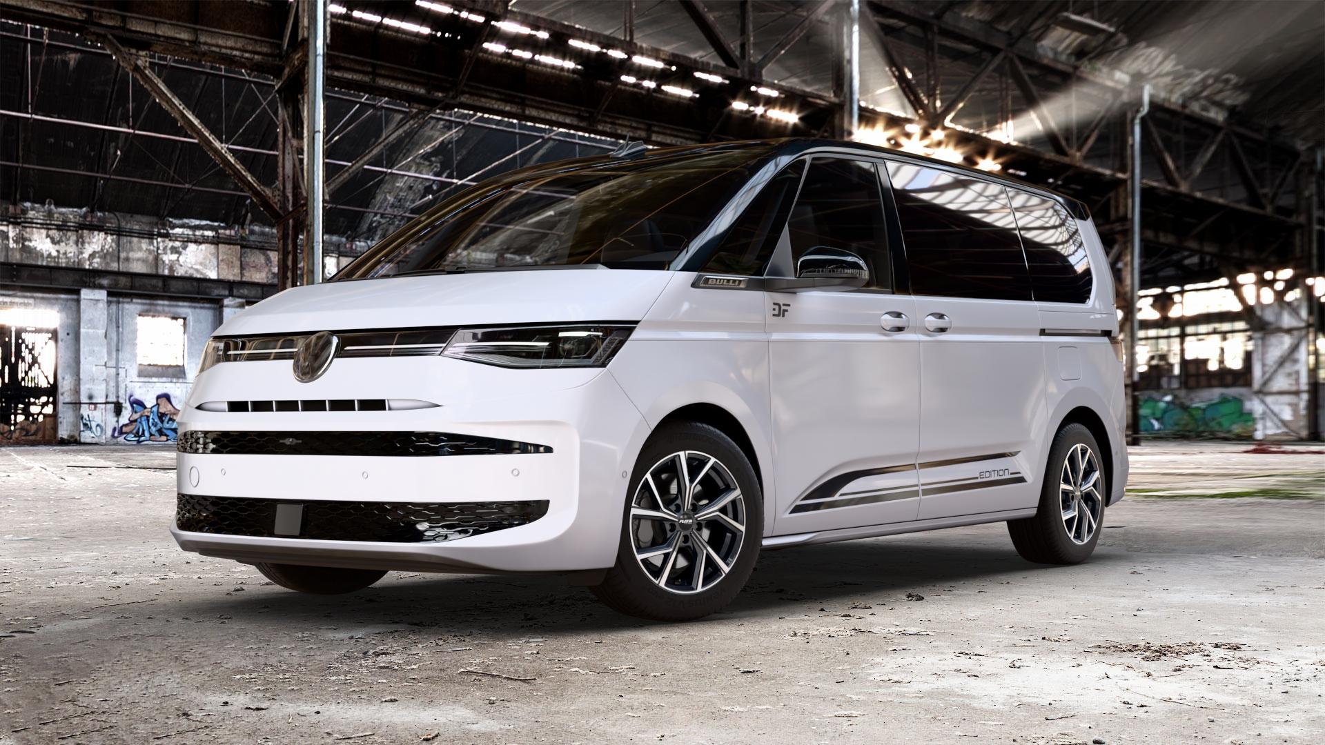 Platin Wheels P 115 black polished Felge mit Reifen silber schwarz in 17Zoll Alufelge auf weissem und schwarzem Volkswagen (VW) T7 Multivan Bus ⬇️ mit 15mm Tieferlegung ⬇️ Old Industrial Hall_max_5300mm_2024 Frontansicht_1