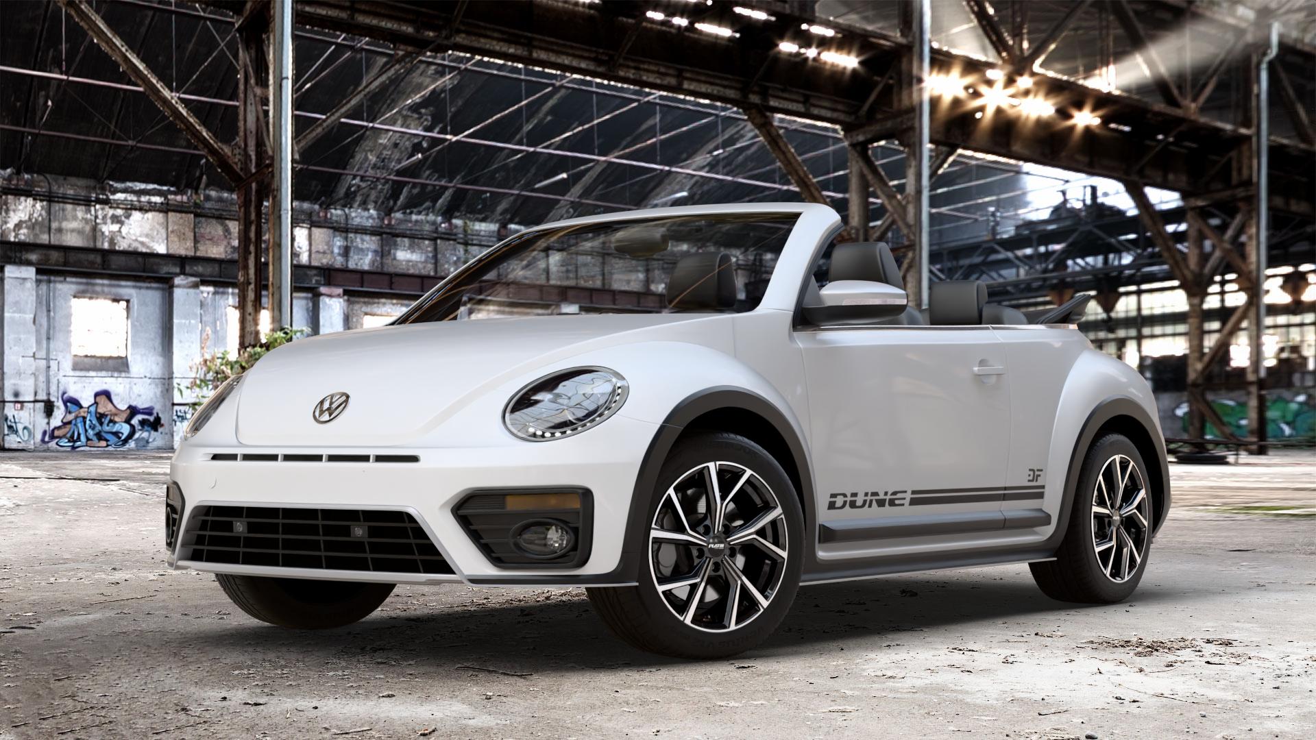 Platin Wheels P 115 black polished Felge mit Reifen silber schwarz in 17Zoll Alufelge auf weissem Volkswagen (VW) Beetle Dune Cabriolet Typ 16 ⬇️ mit 15mm Tieferlegung ⬇️ Old Industrial Hall_max_4400mm_2024 Frontansicht_1