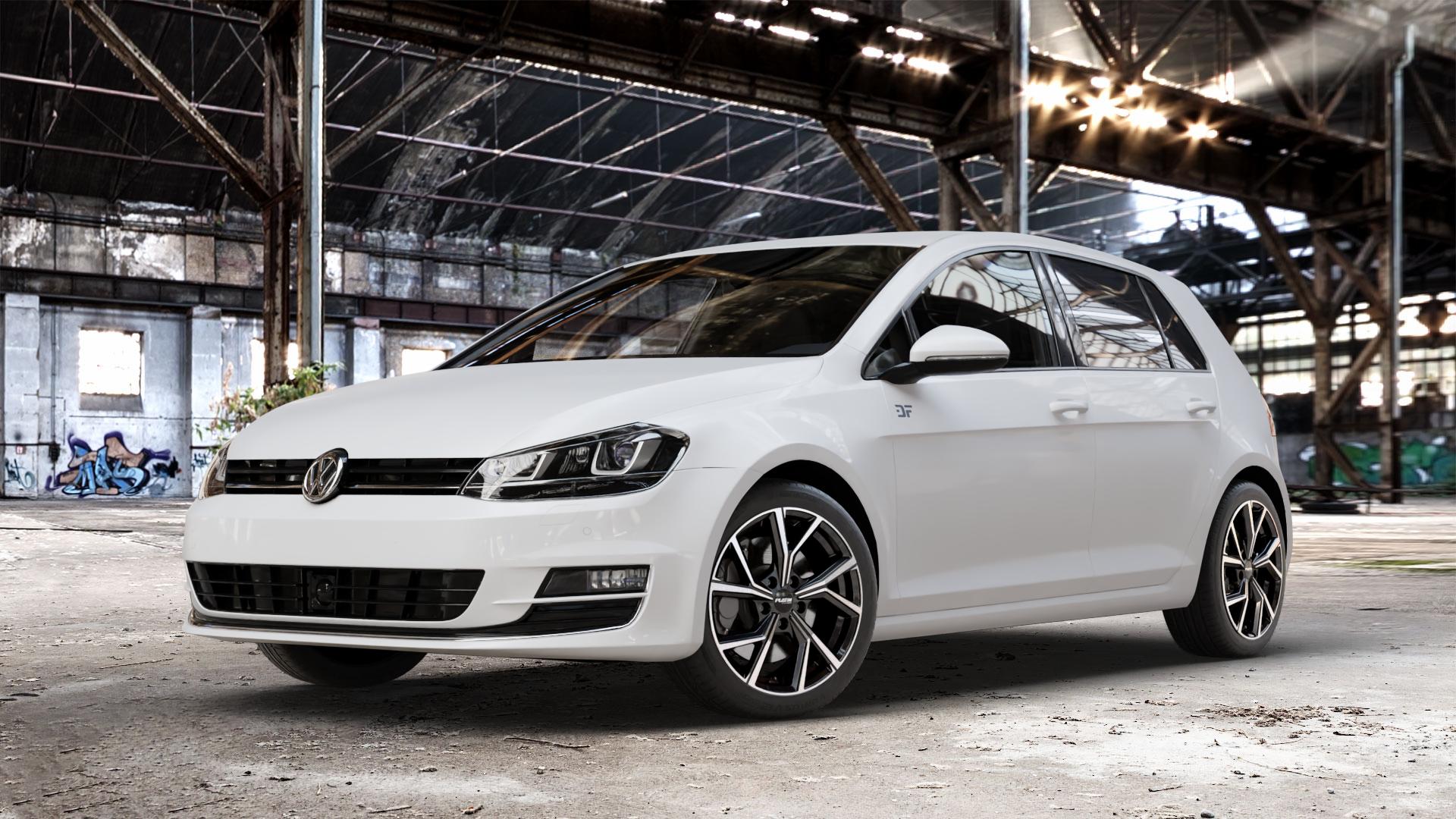 Platin Wheels P 115 black polished Felge mit Reifen silber schwarz in 17Zoll Alufelge auf weissem Volkswagen (VW) Golf 7 ⬇️ mit 15mm Tieferlegung ⬇️ Old Industrial Hall_max_4400mm_2024 Frontansicht_1