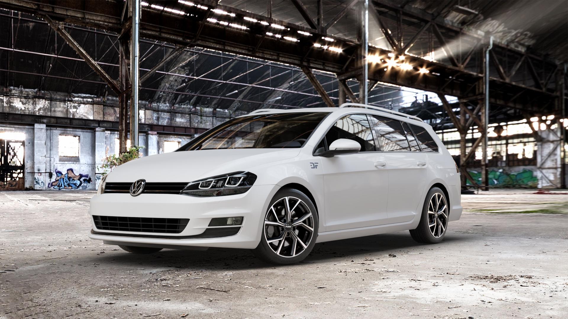 Platin Wheels P 115 black polished Felge mit Reifen silber schwarz in 17Zoll Alufelge auf weissem Volkswagen (VW) Golf 7 Variant ⬇️ mit 15mm Tieferlegung ⬇️ Old Industrial Hall_max_5300mm_2024 Frontansicht_1