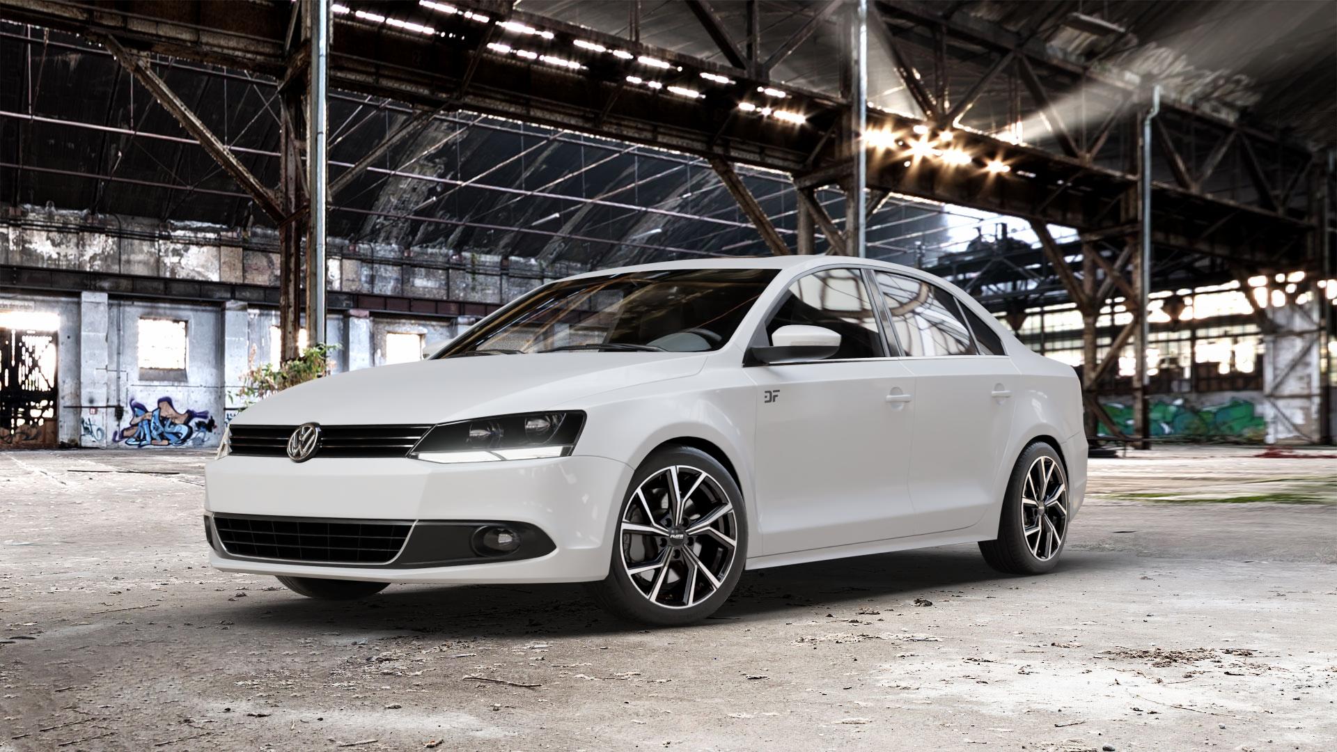 Platin Wheels P 115 black polished Felge mit Reifen silber schwarz in 17Zoll Alufelge auf weissem Volkswagen (VW) Jetta 6 Typ 16 Facelift ⬇️ mit 15mm Tieferlegung ⬇️ Old Industrial Hall_max_5300mm_2024 Frontansicht_1