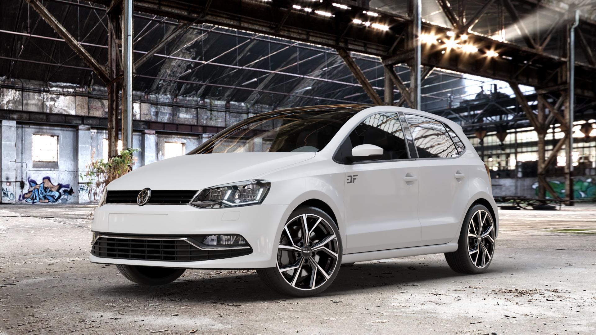 Platin Wheels P 115 black polished Felge mit Reifen silber schwarz in 17Zoll Alufelge auf weissem Volkswagen (VW) Polo V Typ 6C ⬇️ mit 15mm Tieferlegung ⬇️ Old Industrial Hall_max_4400mm_2024 Frontansicht_1