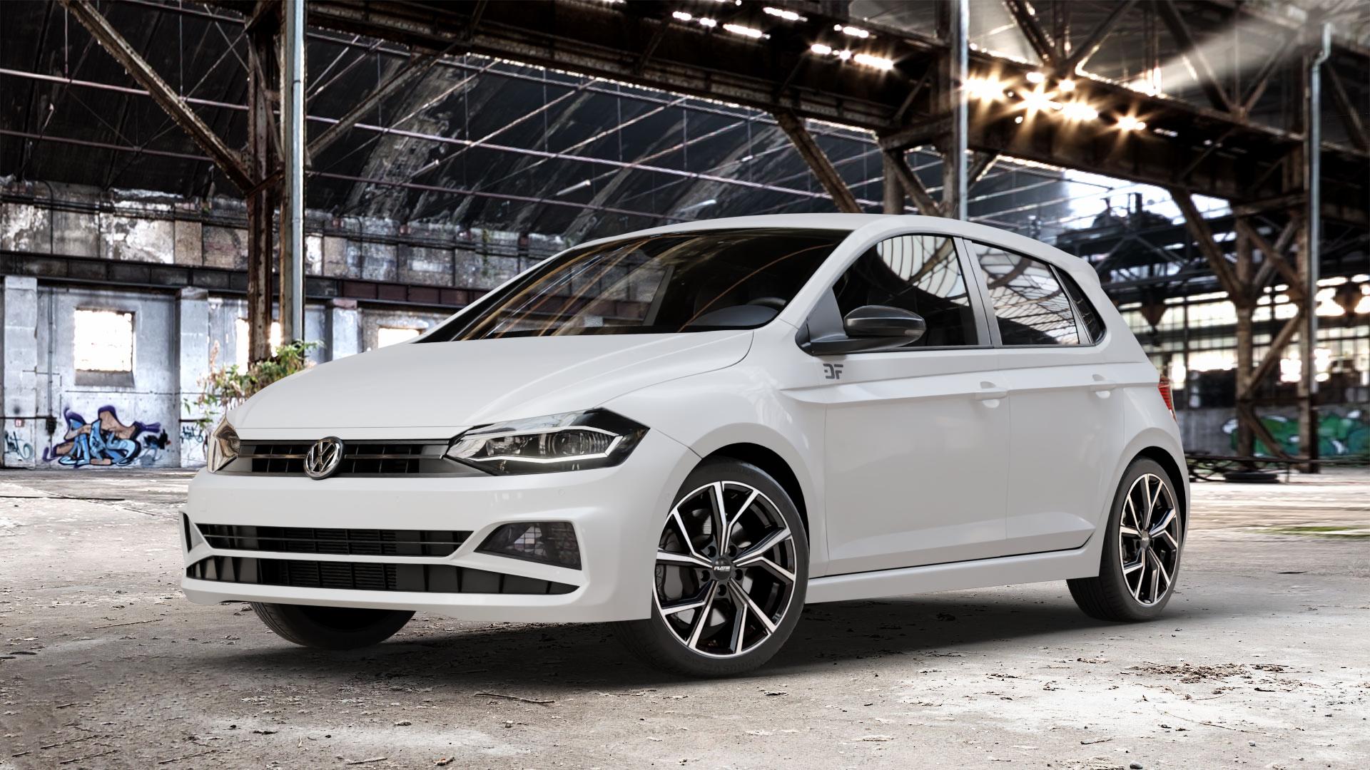 Platin Wheels P 115 black polished Felge mit Reifen silber schwarz in 17Zoll Alufelge auf weissem Volkswagen (VW) Polo VI Typ AW ⬇️ mit 15mm Tieferlegung ⬇️ Old Industrial Hall_max_4400mm_2024 Frontansicht_1