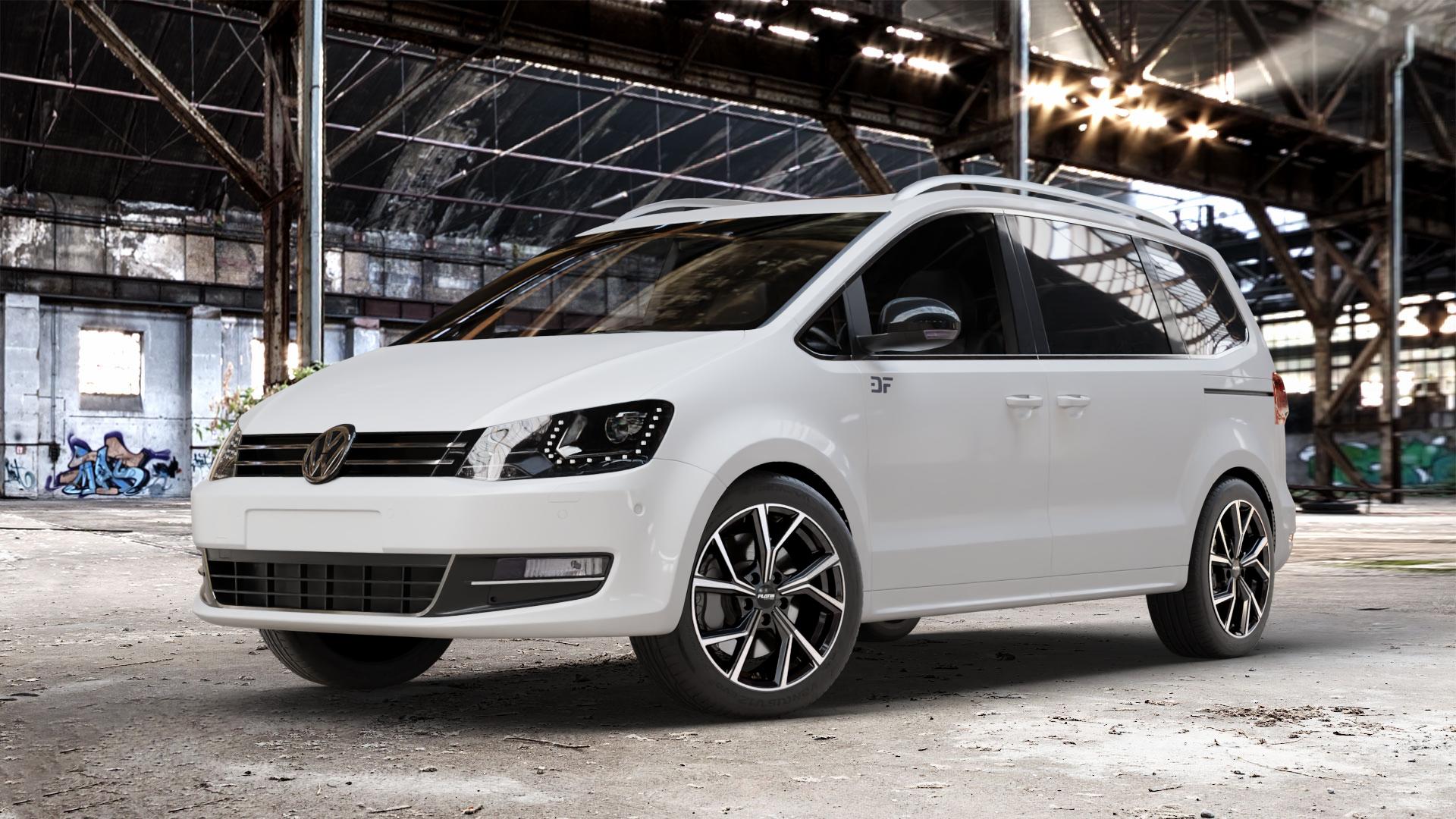 Platin Wheels P 115 black polished Felge mit Reifen silber schwarz in 17Zoll Alufelge auf weissem Volkswagen (VW) Sharan III Typ 7N (15->) ⬇️ mit 15mm Tieferlegung ⬇️ Old Industrial Hall_max_4400mm_2024 Frontansicht_1