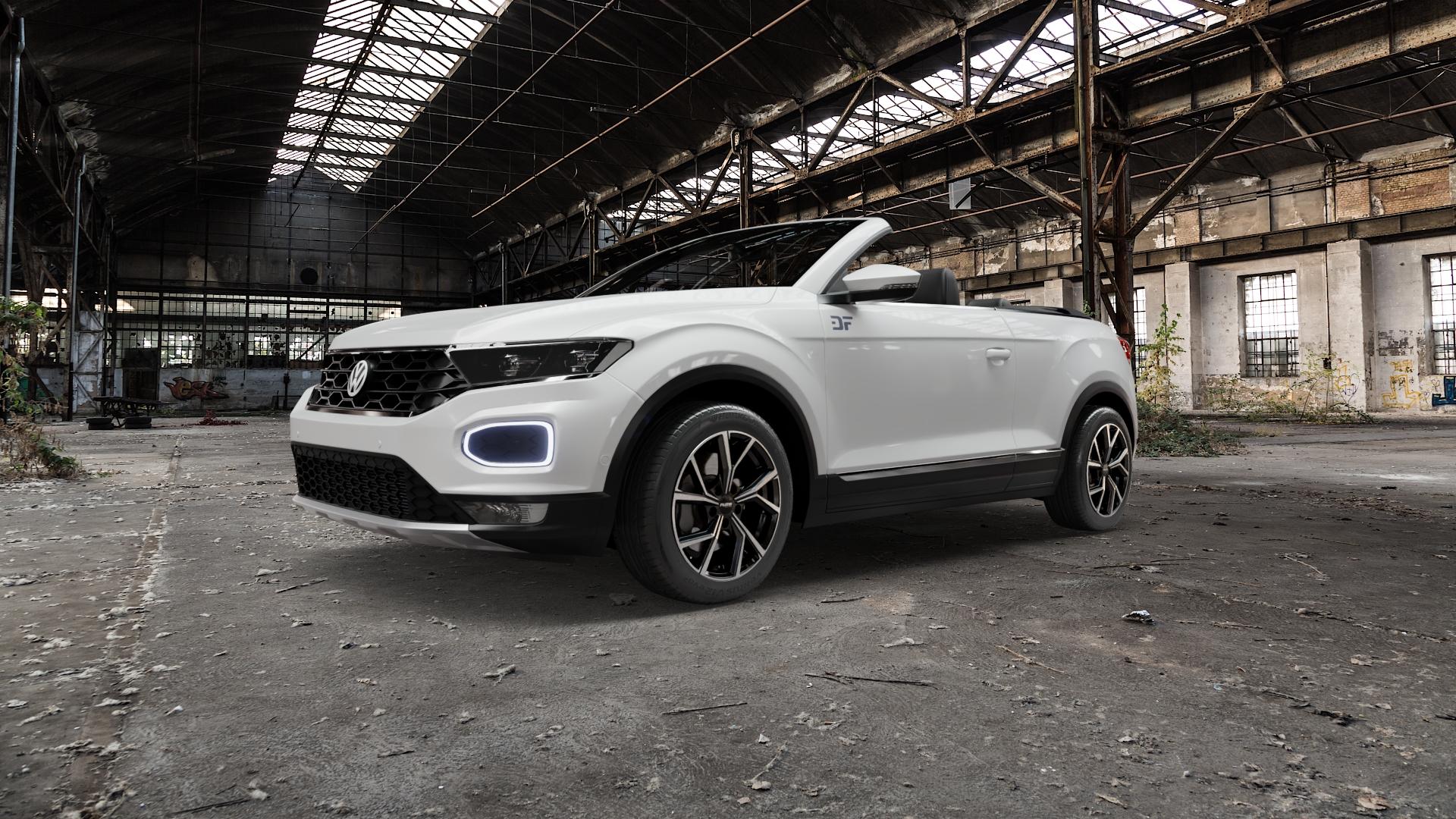 Platin Wheels P 115 black polished Felge mit Reifen silber schwarz in 17Zoll Alufelge auf weissem Volkswagen (VW) T-Roc Cabrio ⬇️ mit 15mm Tieferlegung ⬇️ Old Industrial Hall_max5000mm_2022 Frontansicht_1
