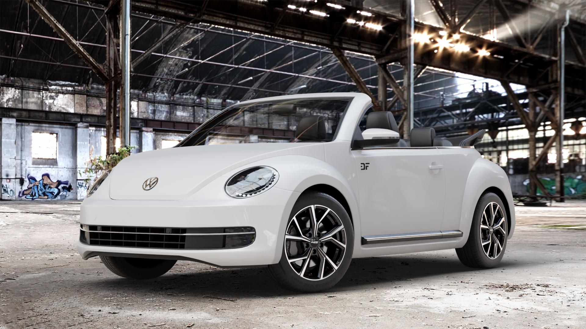 Platin Wheels P 115 black polished Felge mit Reifen silber schwarz in 17Zoll Alufelge auf weissem Volkswagen (VW) The Beetle Cabrio Typ 16 ⬇️ mit 15mm Tieferlegung ⬇️ Old Industrial Hall_max_4400mm_2024 Frontansicht_1