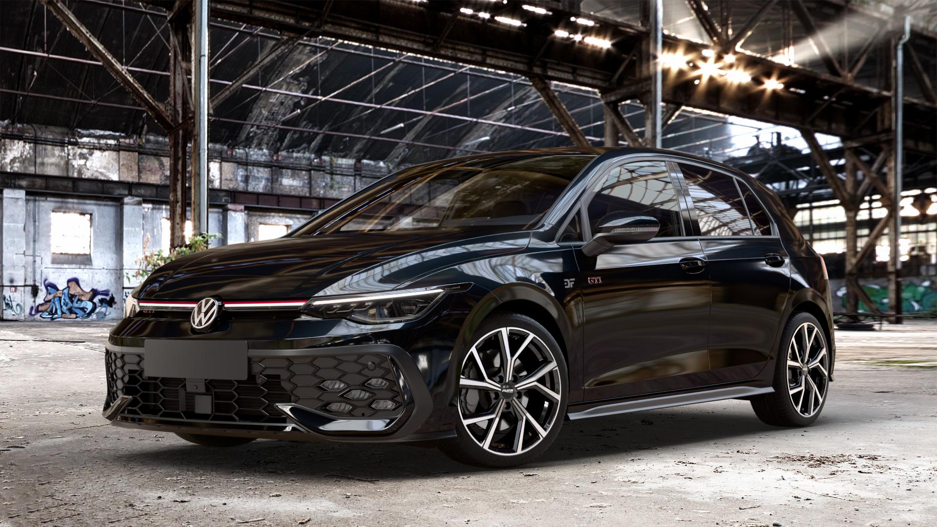 Platin Wheels P 115 black polished Felge mit Reifen silber schwarz in 18Zoll Alufelge auf metallic schwarzem Volkswagen (VW) Golf 8 Facelift 2,0l GTI 195kW (265 PS) ⬇️ mit 15mm Tieferlegung ⬇️ Old Industrial Hall_max_4400mm_2024 Frontansicht_1
