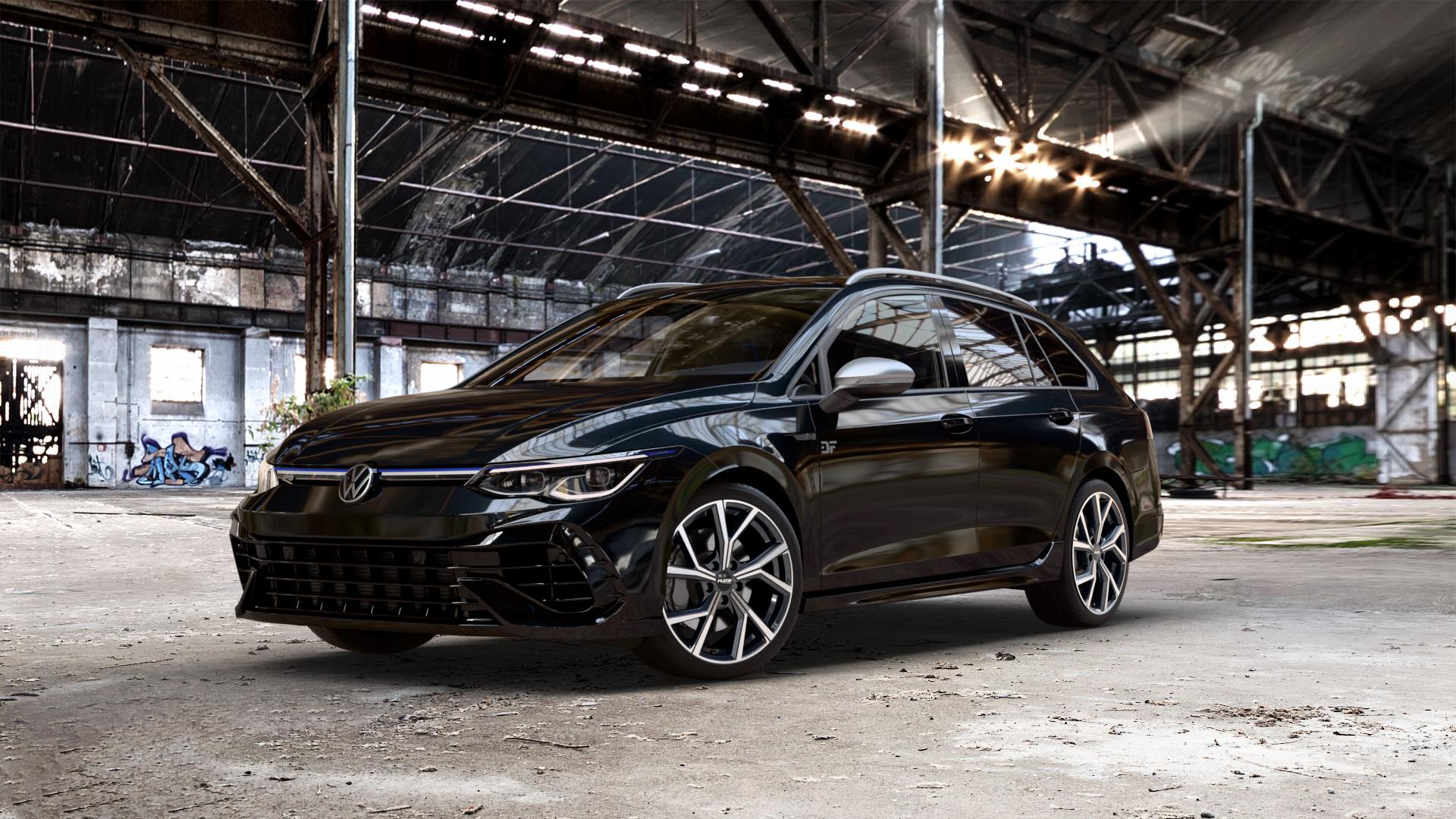 Platin Wheels P 115 black polished Felge mit Reifen silber schwarz in 18Zoll Alufelge auf metallic schwarzem Volkswagen (VW) Golf 8 Variant 2,0l R 4Motion 235kW (320 PS) ⬇️ mit 15mm Tieferlegung ⬇️ Old Industrial Hall_max_5300mm_2024 Frontansicht_1
