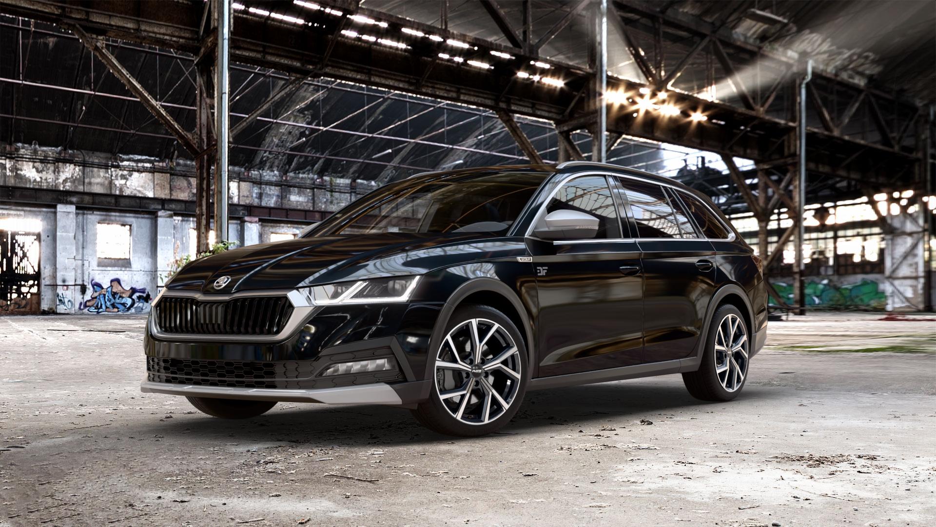 Platin Wheels P 115 black polished Felge mit Reifen silber schwarz in 18Zoll Alufelge auf schwarzem metallic Skoda Octavia IV Scout Typ NX ⬇️ mit 15mm Tieferlegung ⬇️ Old Industrial Hall_max_5300mm_2024 Frontansicht_1