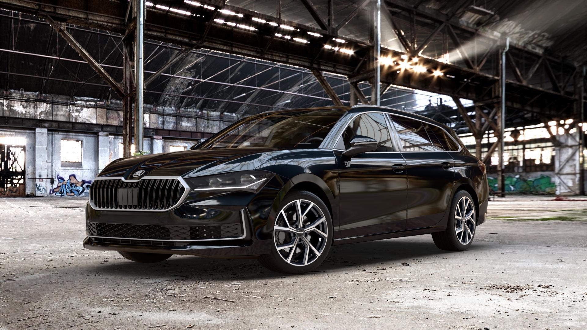 Platin Wheels P 115 black polished Felge mit Reifen silber schwarz in 18Zoll Alufelge auf schwarzem metallic Skoda Superb IV Kombi Typ NZ 1,5l TSI 110kW Mild-Hybrid (150 PS) Hybrid 2,0l TDI 4x4 142kW (193 195kW (265 ⬇️ mit 15mm Tieferlegung ⬇️ Old Industrial Hall_max_5300mm_2024 Frontansicht_1