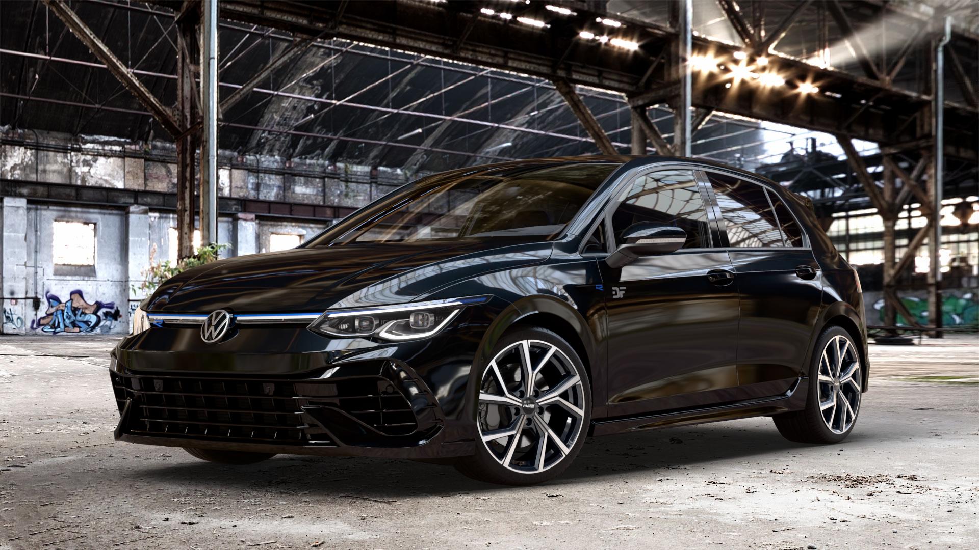 Platin Wheels P 115 black polished Felge mit Reifen silber schwarz in 18Zoll Alufelge auf schwarzem metallic Volkswagen (VW) Golf 8 2,0l R 4Motion 235kW (320 PS) 245kW 20 Years (333 ⬇️ mit 15mm Tieferlegung ⬇️ Old Industrial Hall_max_4400mm_2024 Frontansicht_1