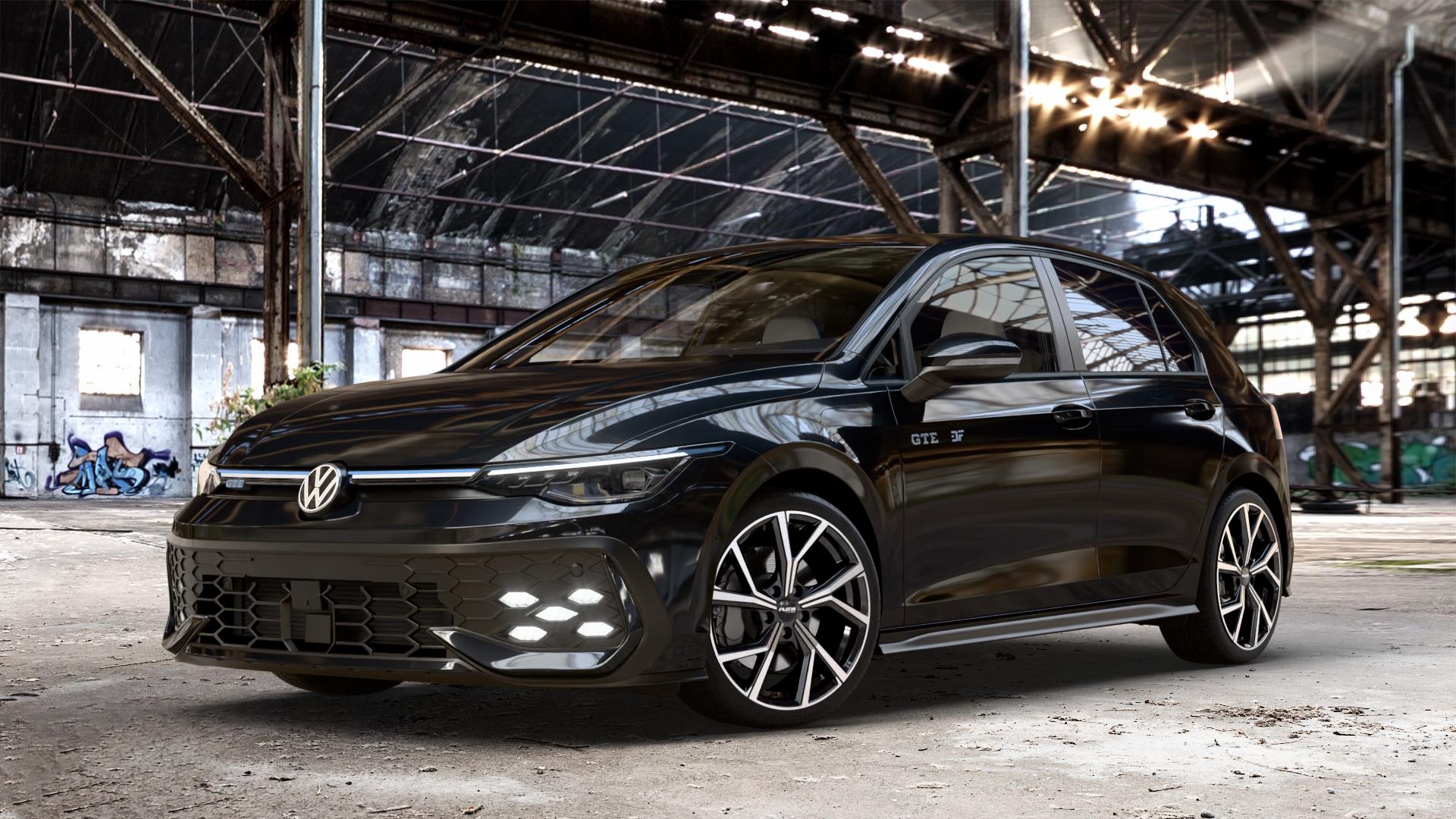 Platin Wheels P 115 black polished Felge mit Reifen silber schwarz in 18Zoll Alufelge auf schwarzem Volkswagen (VW) Golf 8 Facelift 1,5l TSI GTE 130kW Hybrid (177 PS) ⬇️ mit 15mm Tieferlegung ⬇️ Old Industrial Hall_max_4400mm_2024 Frontansicht_1