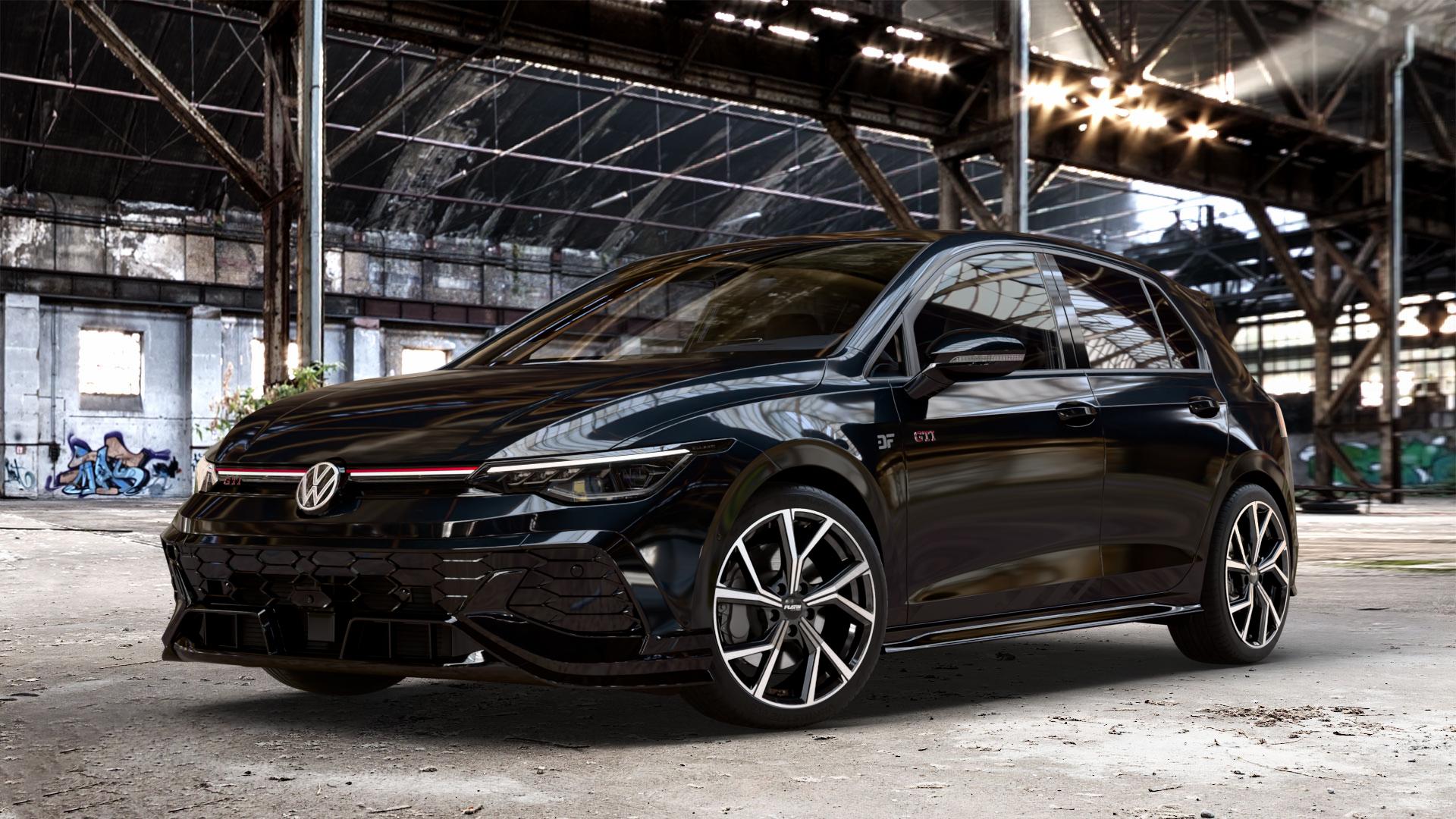 Platin Wheels P 115 black polished Felge mit Reifen silber schwarz in 18Zoll Alufelge auf schwarzem Volkswagen (VW) Golf 8 Facelift 2,0l GTI Clubsport 221kW (300 PS) ⬇️ mit 15mm Tieferlegung ⬇️ Old Industrial Hall_max_4400mm_2024 Frontansicht_1