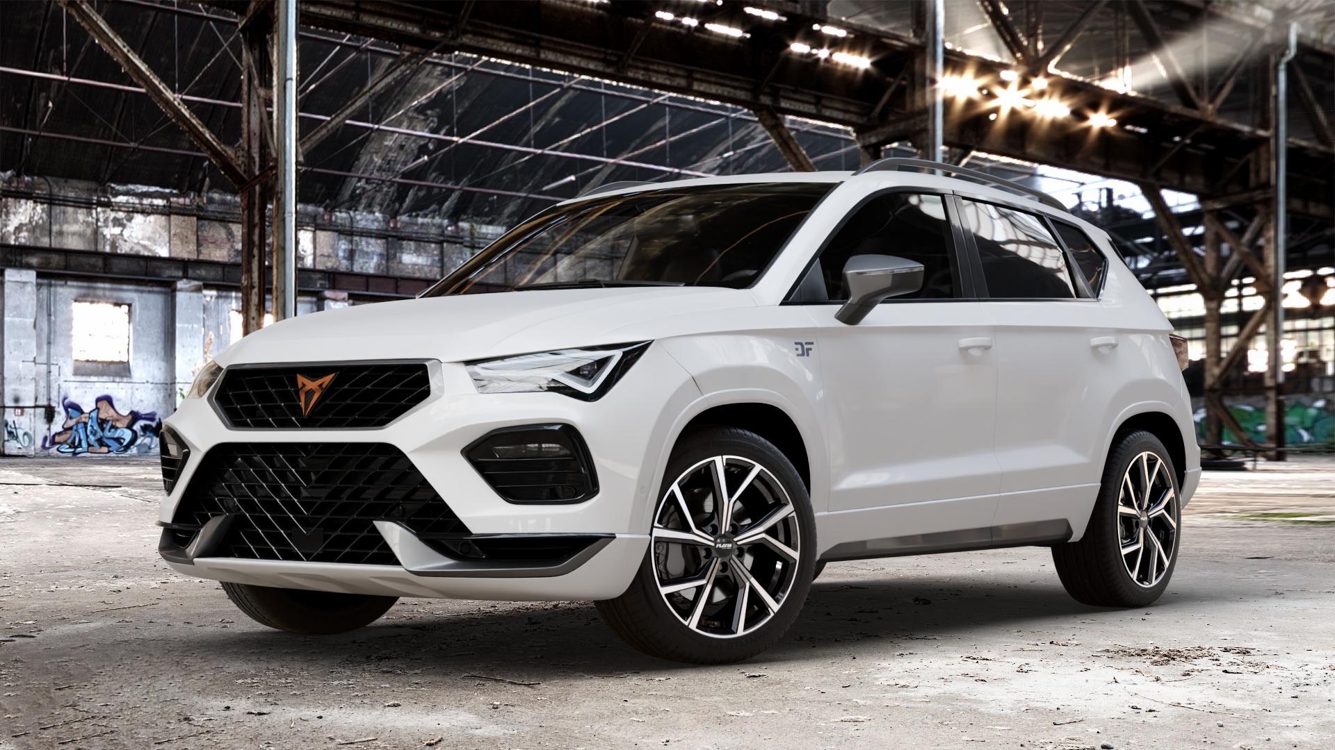 Platin Wheels P 115 black polished Felge mit Reifen silber schwarz in 18Zoll Alufelge auf weissem Cupra Ateca Typ 5FP Facelift ⬇️ mit 15mm Tieferlegung ⬇️ Old Industrial Hall_max_4400mm_2024 Frontansicht_1