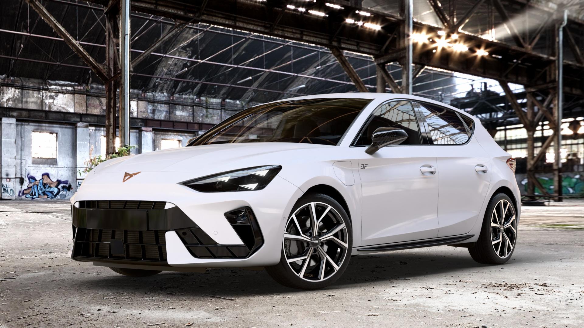 Platin Wheels P 115 black polished Felge mit Reifen silber schwarz in 18Zoll Alufelge auf weissem Cupra Leon Typ KL Facelift ⬇️ mit 15mm Tieferlegung ⬇️ Old Industrial Hall_max_4400mm_2024 Frontansicht_1