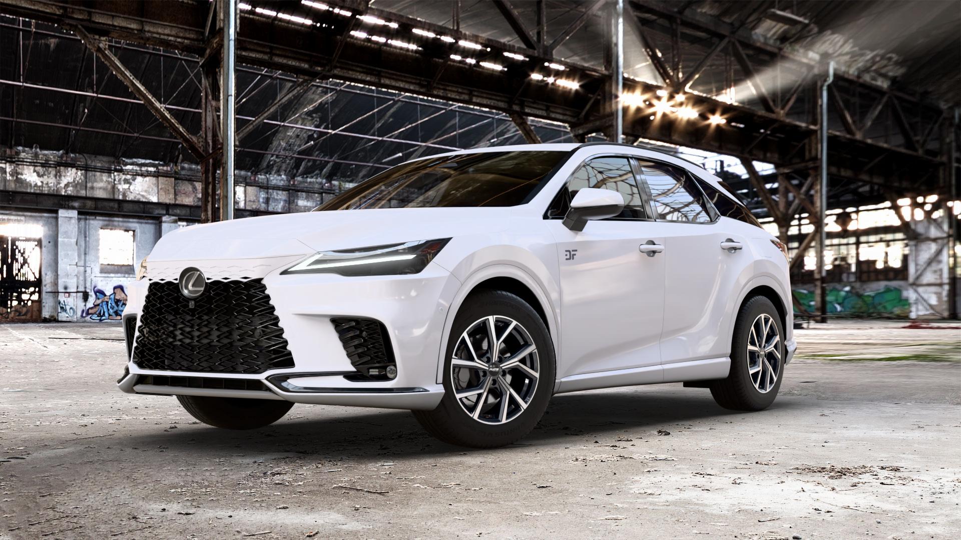 Platin Wheels P 115 black polished Felge mit Reifen silber schwarz in 18Zoll Alufelge auf weissem Lexus RX V Typ AL3(M) 2,5l 140kW RX350H AWD (190 PS) 136kW RX450H+ (185 2,4l 200kW RX500H (272 AL3(M)-TGRE ⬇️ mit 15mm Tieferlegung ⬇️ Old Industrial Hall_max_5300mm_2024 Frontansicht_1