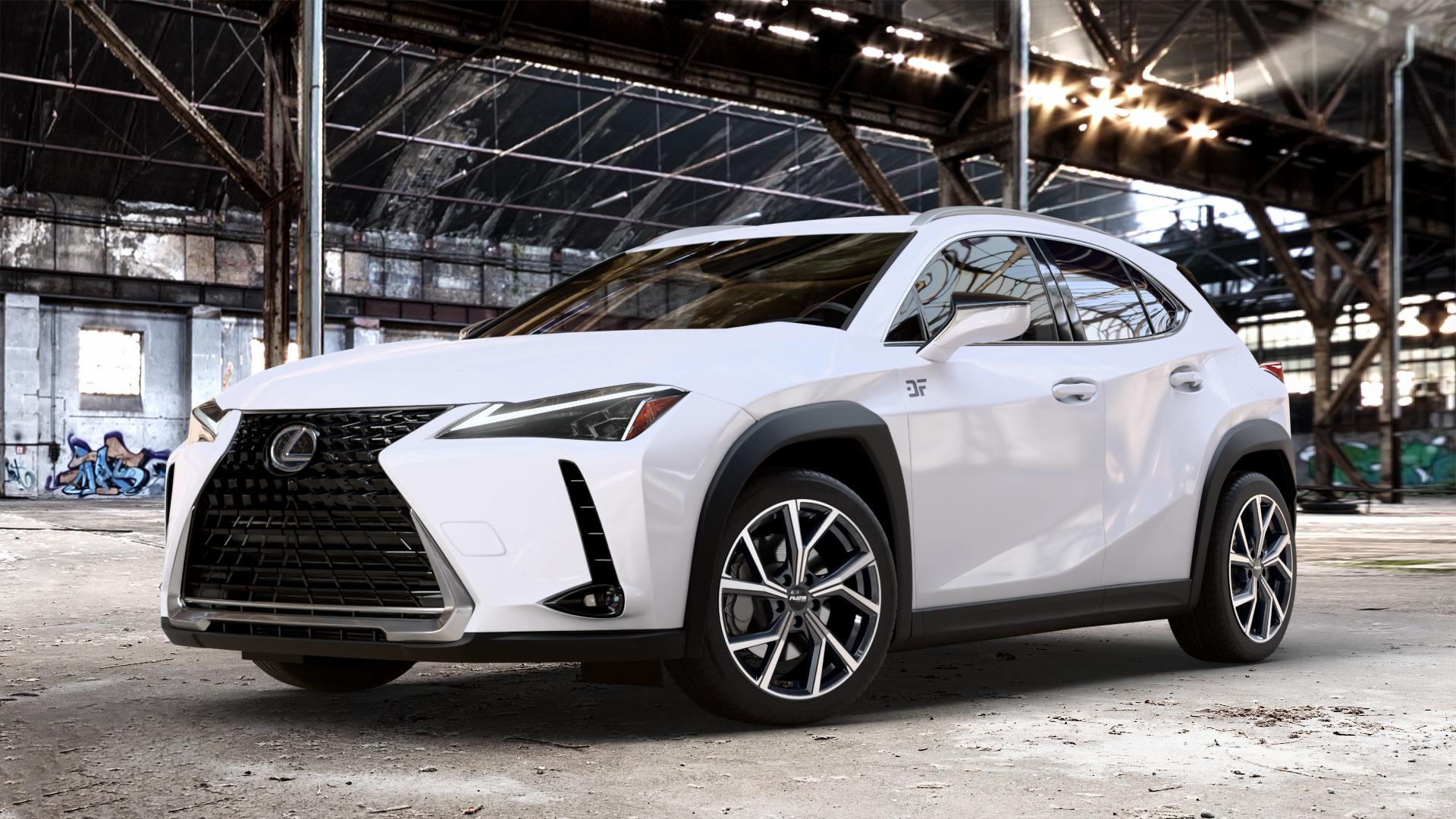 Platin Wheels P 115 black polished Felge mit Reifen silber schwarz in 18Zoll Alufelge auf weissem Lexus UX Typ ZA1(EU,M) 2,0l 200 127kW (173 PS) 250h 112kW (152 ZA1(EU,M)-TMG ⬇️ mit 15mm Tieferlegung ⬇️ Old Industrial Hall_max_4400mm_2024 Frontansicht_1